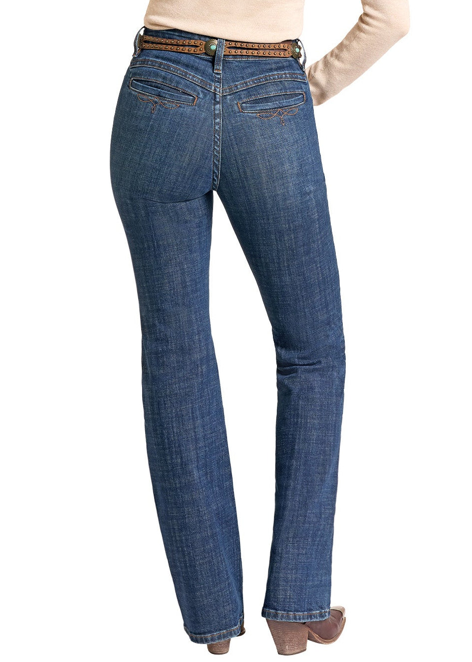 A woman shown from the back wearing blue jeans, standing against a plain white background.
