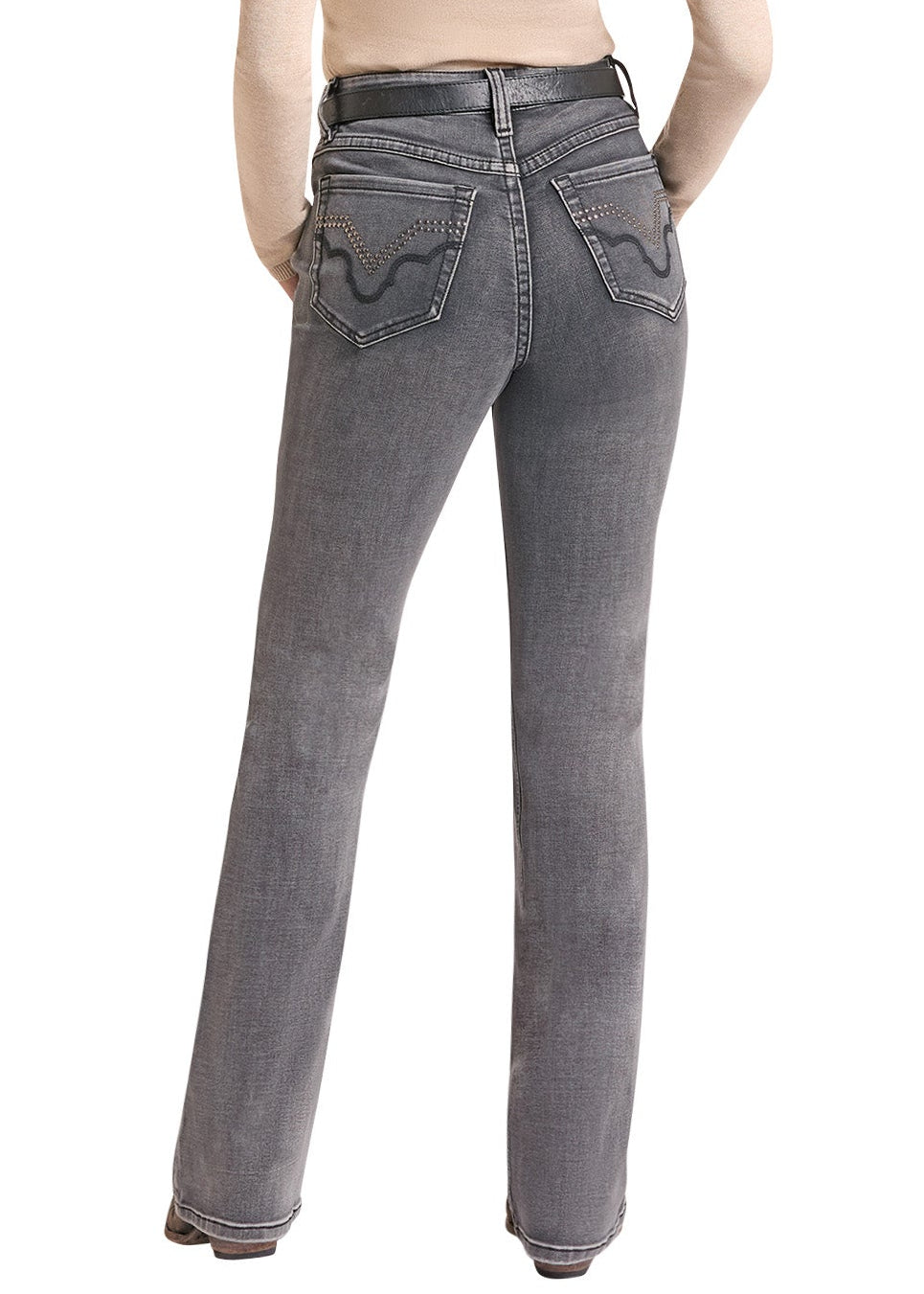 A woman shown from the back wearing gray high-waisted flare jeans with decorative stitching on the back pockets, a beige ribbed top, and a tan cowboy hat, set against a plain white background.