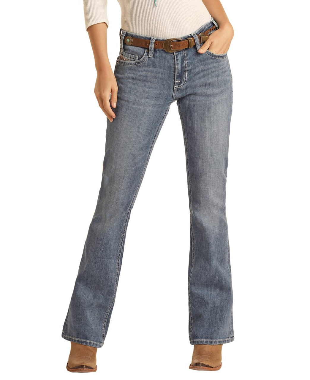 Cowhide Applique Mid Rise Bootcut Jeans