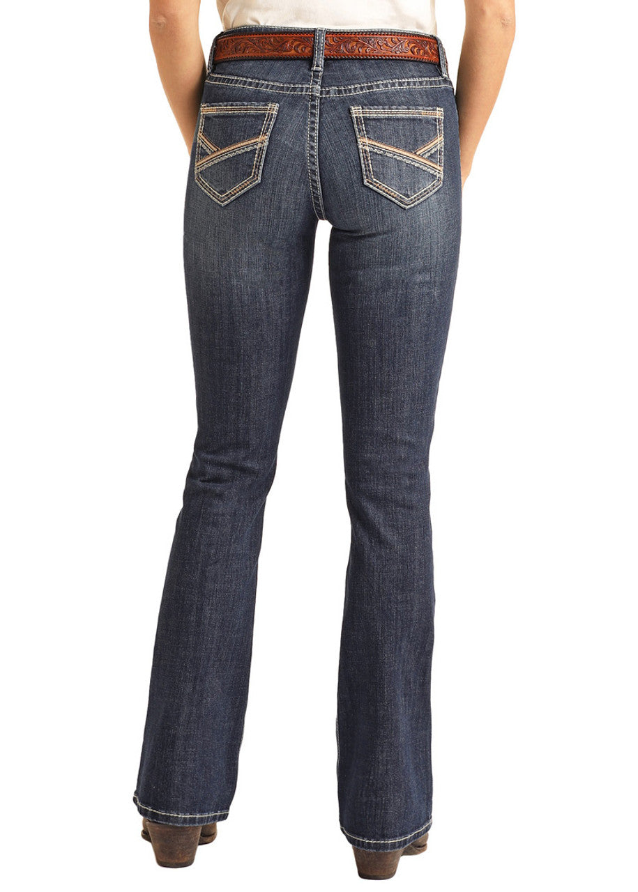 Pleather Embroidered Mid Rise Bootcut Jeans