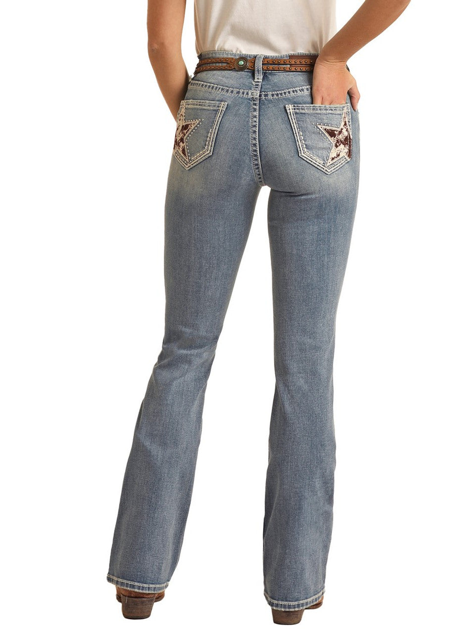 Cowhide Star Embroidered Mid Rise Bootcut Jeans