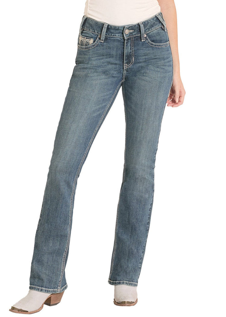 Women's Mid Rise Raised Embroidered Pocket Bootcut Jeans | Rock & Roll ...