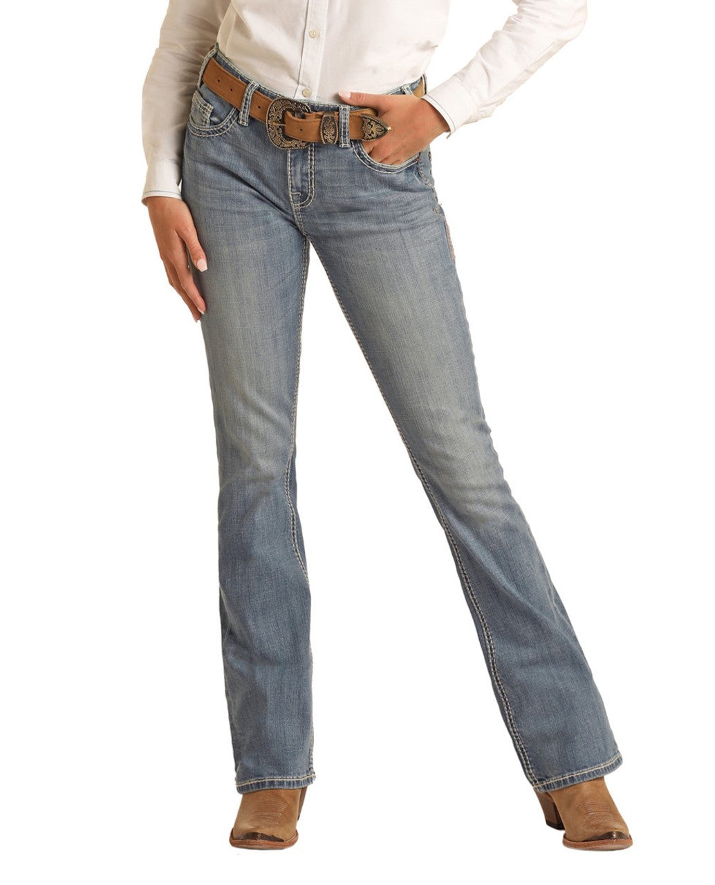 Raised Denim Embroidered Mid Rise Riding Jeans