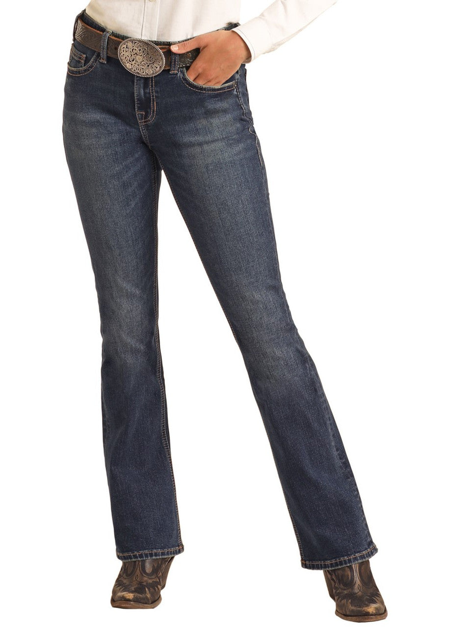 Taupe and Blue Embroidered Mid Rise Riding Jeans