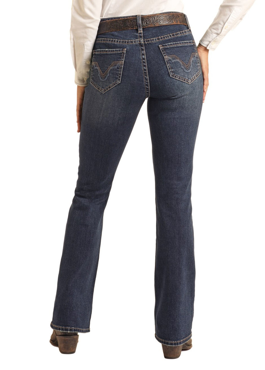 Taupe and Blue Embroidered Mid Rise Riding Jeans