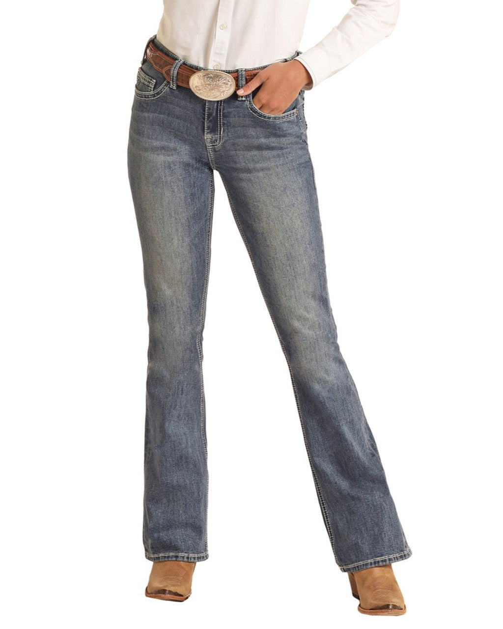 Cowhide V Embroidered Mid Rise Riding Jeans