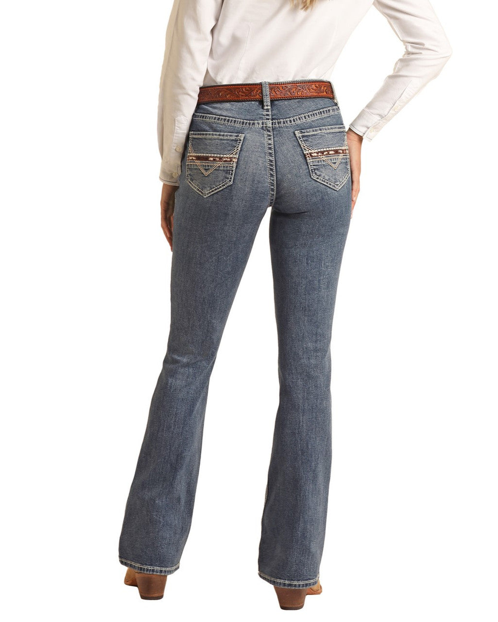 Cowhide V Embroidered Mid Rise Riding Jeans