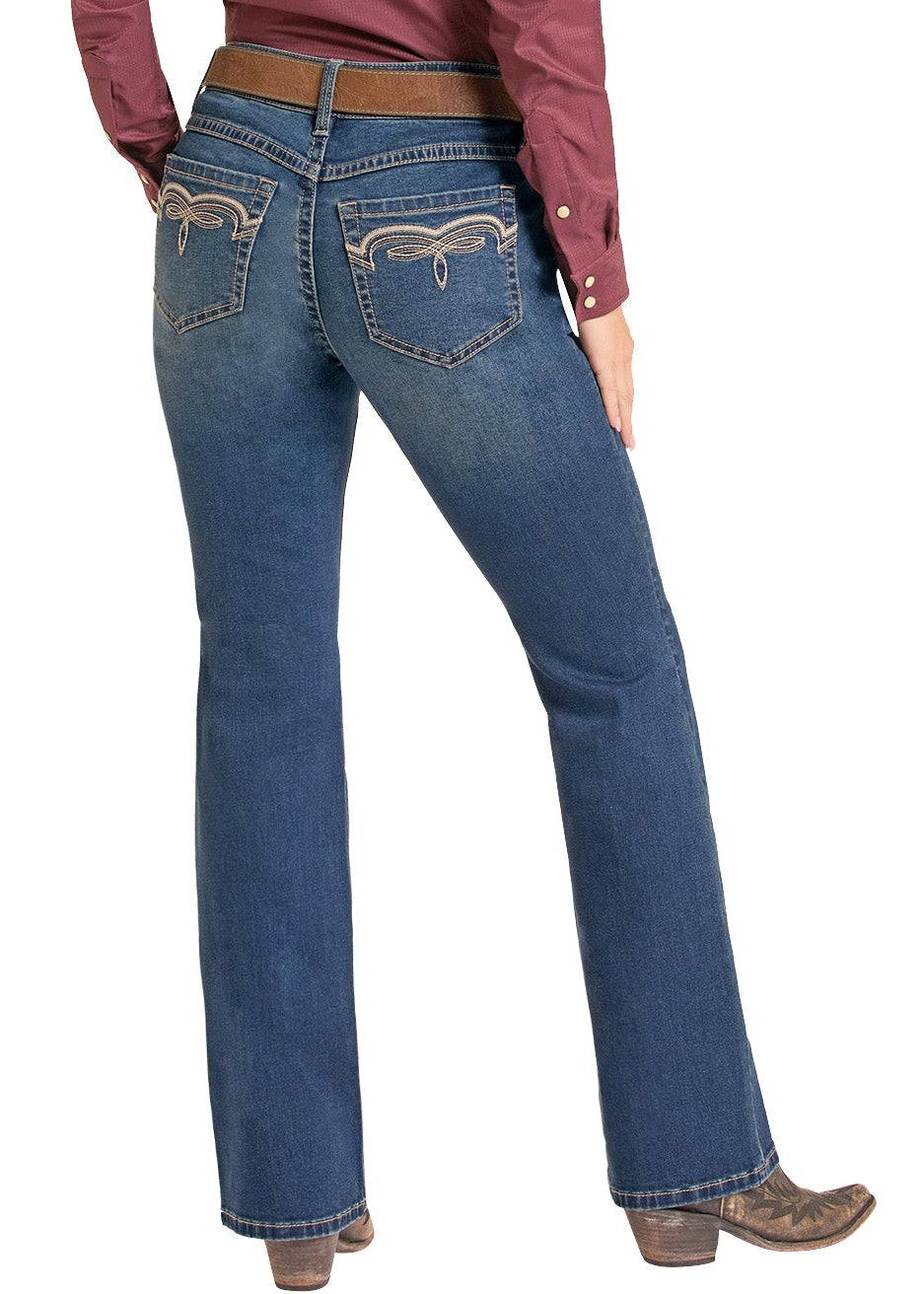 A woman shown from the back wearing a beige wide-brim hat, a burgundy long-sleeve shirt, blue jeans with western embroidery, and brown cowboy boots against a white background.