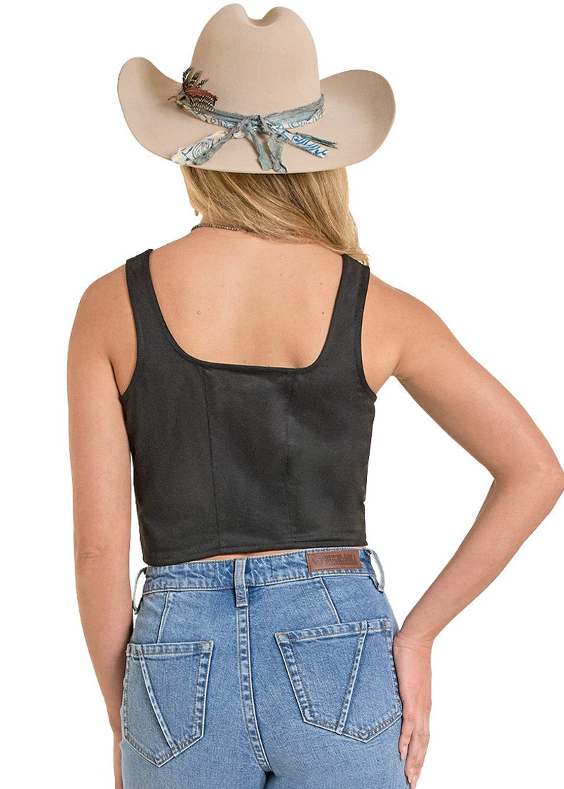 Person wearing a black tank top and blue jeans with a cowboy hat on a white background