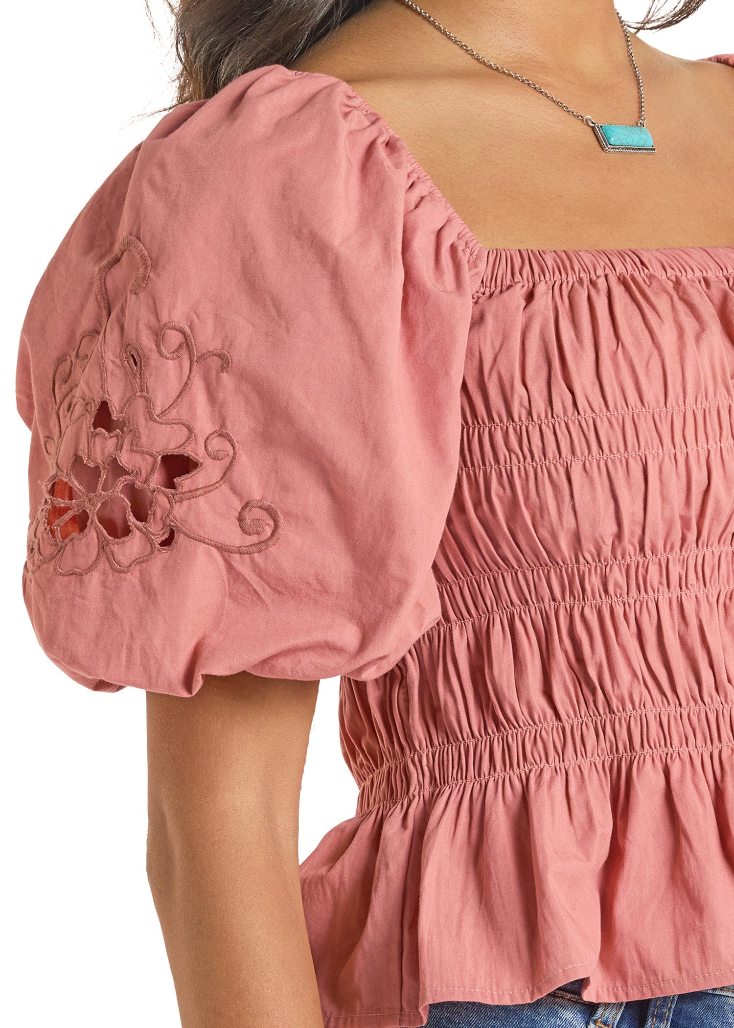 Women's Rose Cutwork Puff Sleeve Poplin Blouse | Rock & Roll Denim