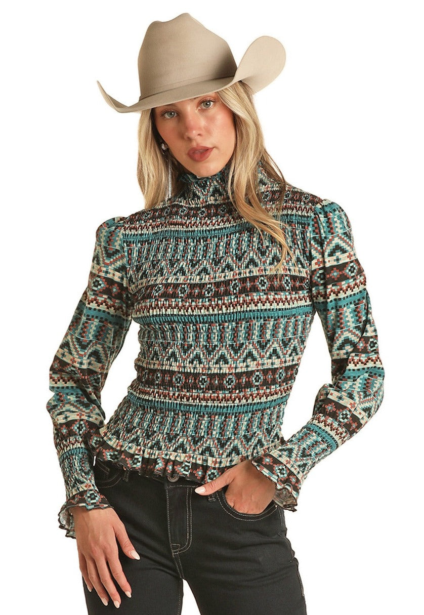 Aztec Smocked Long Sleeve Blouse