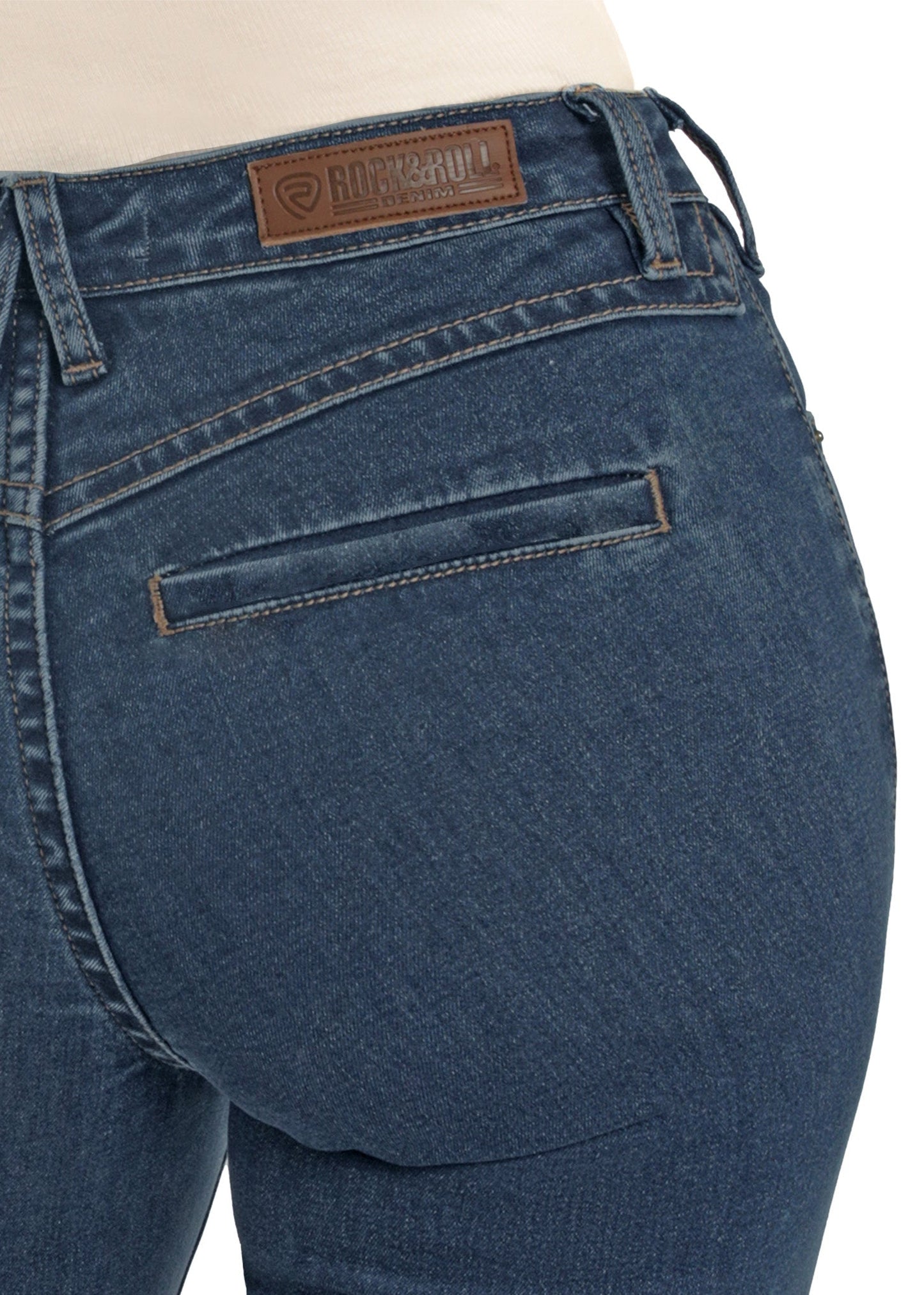 Blue jeans with a brand logo on the back pocket against a white background