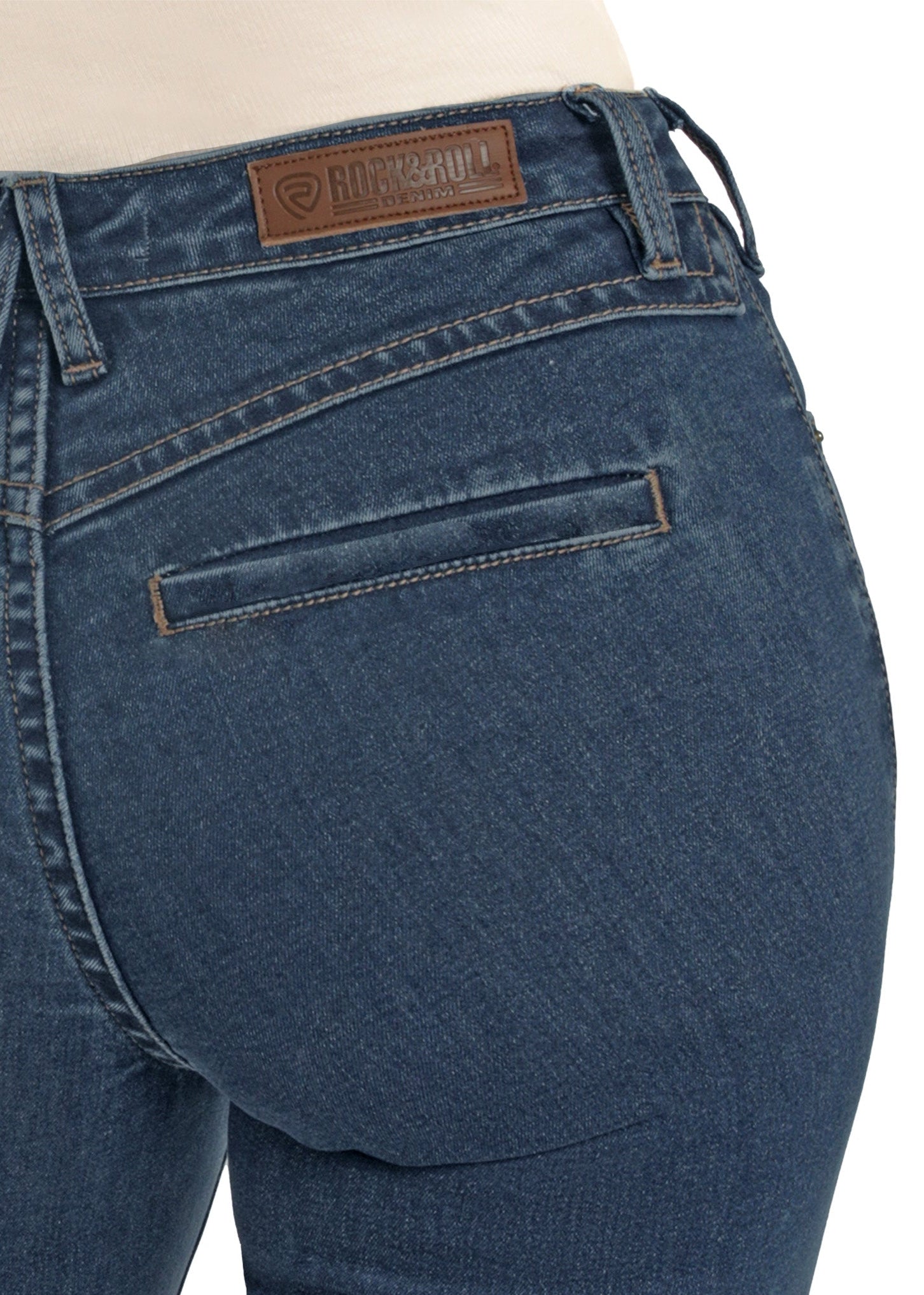 Blue jeans with a brand logo on the back pocket against a white background