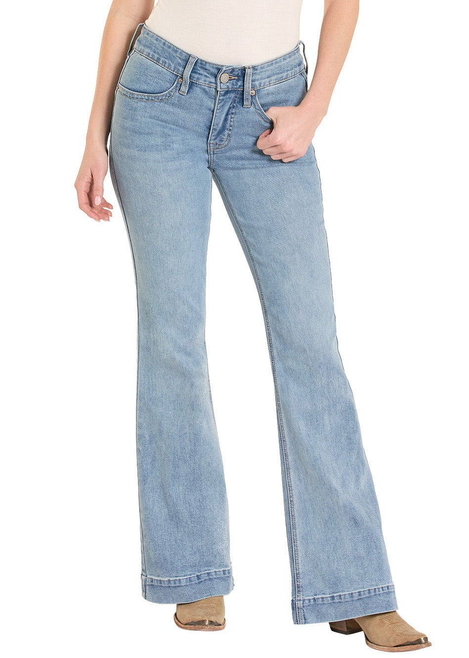 Woman wearing a white t-shirt, blue jeans, and a straw cowboy hat on a white background