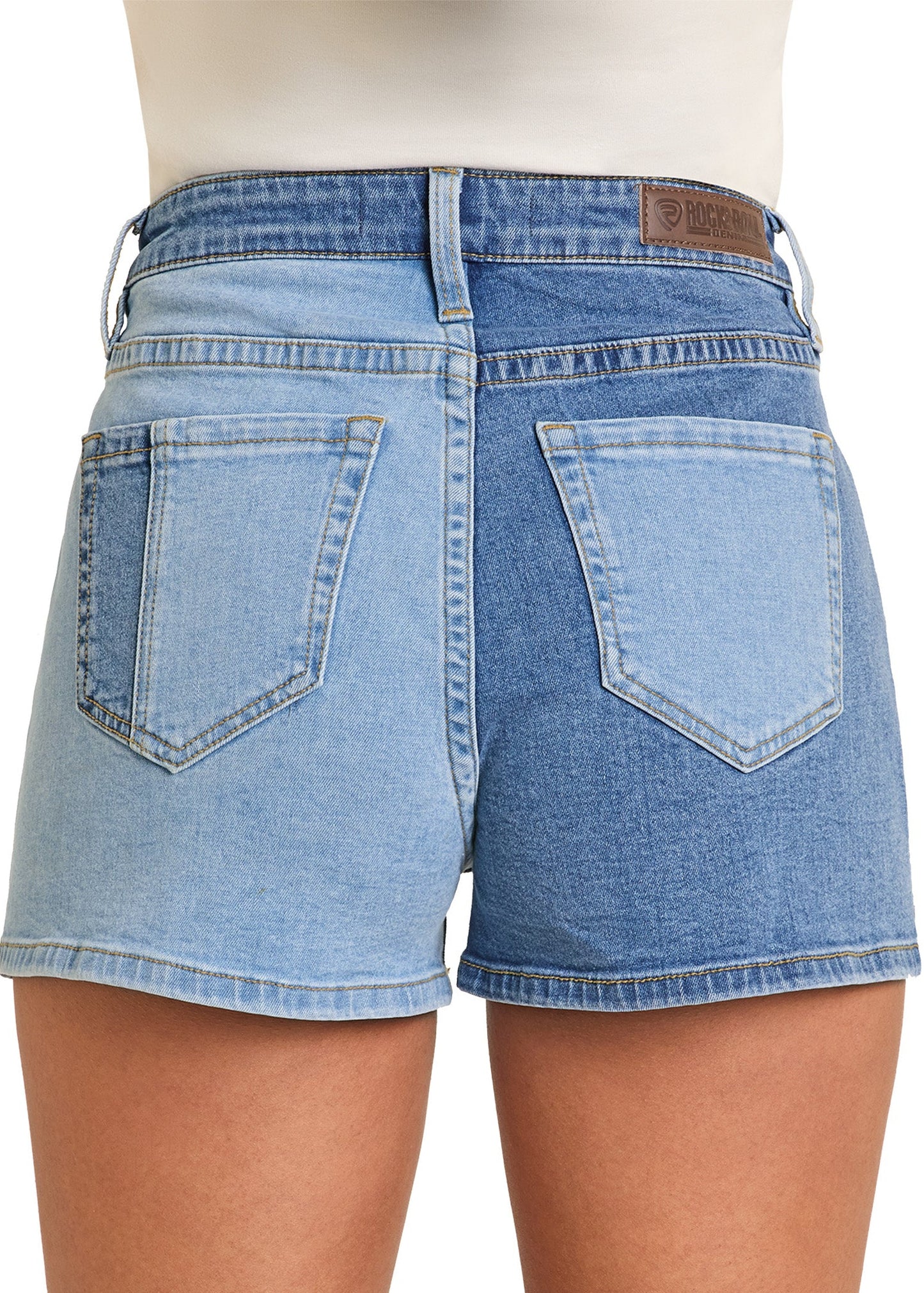 Light blue denim shorts on a white background