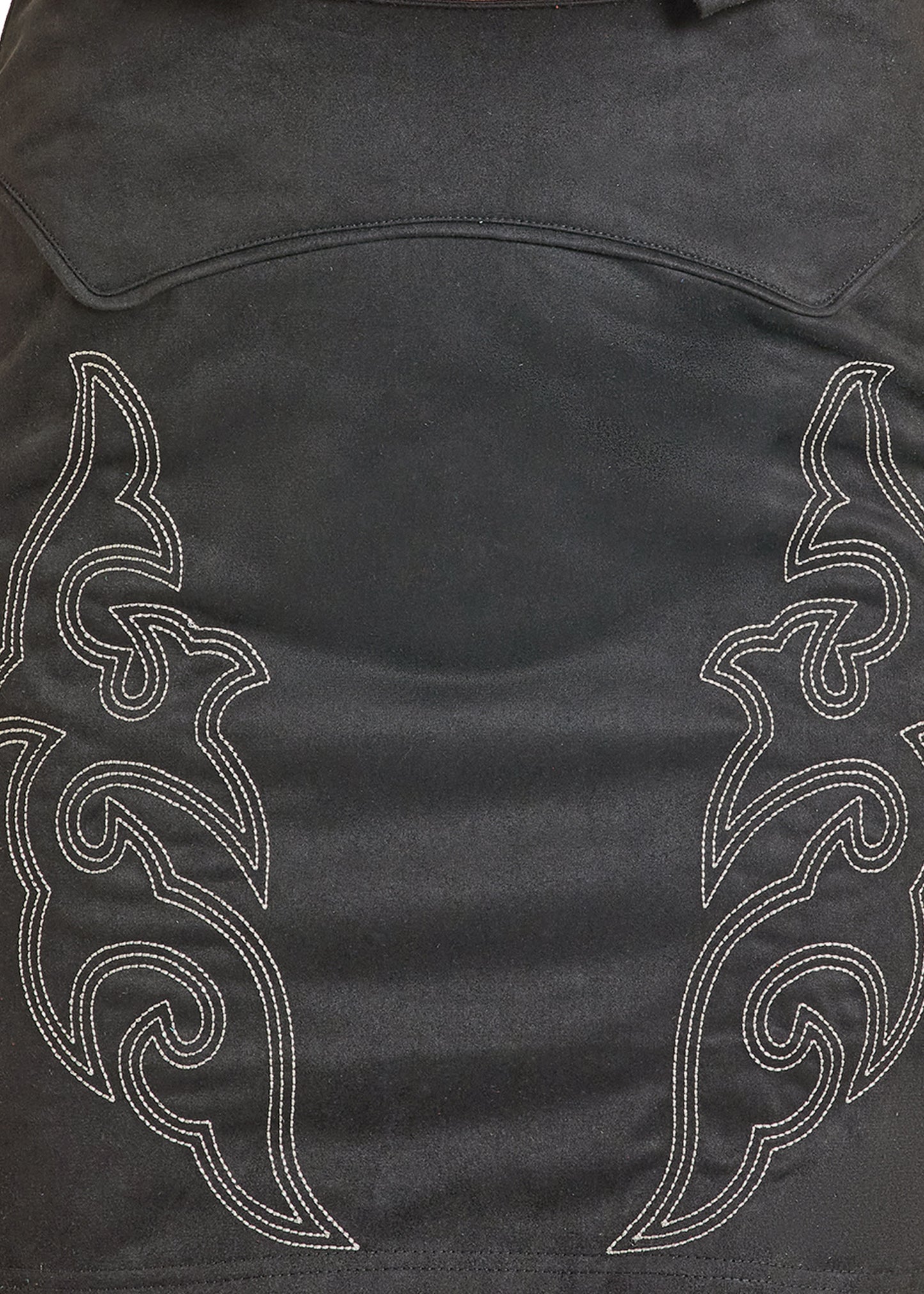 Black leather jacket with white tribal patterns on a dark background