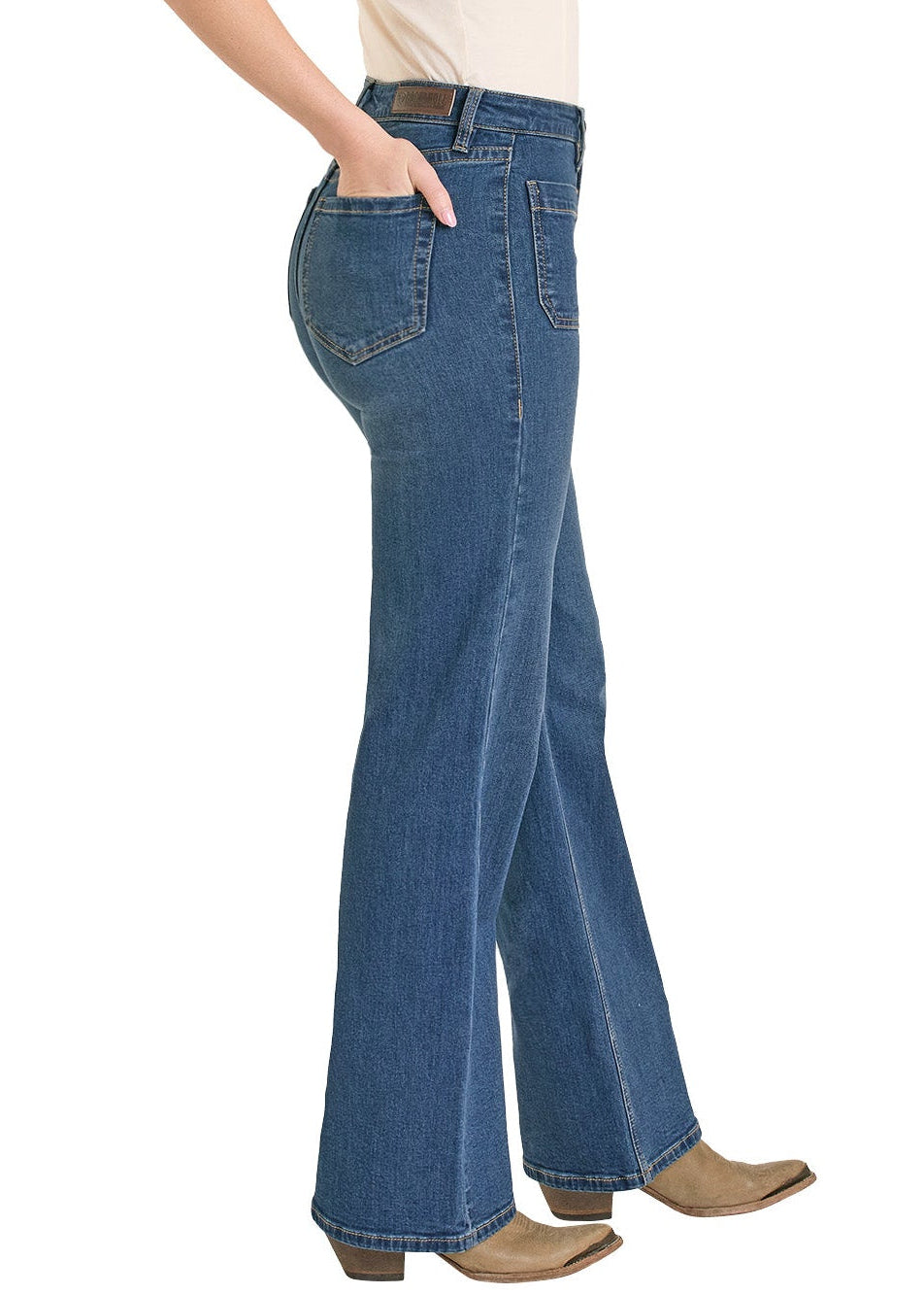 Woman wearing blue jeans and a beige hat on a white background