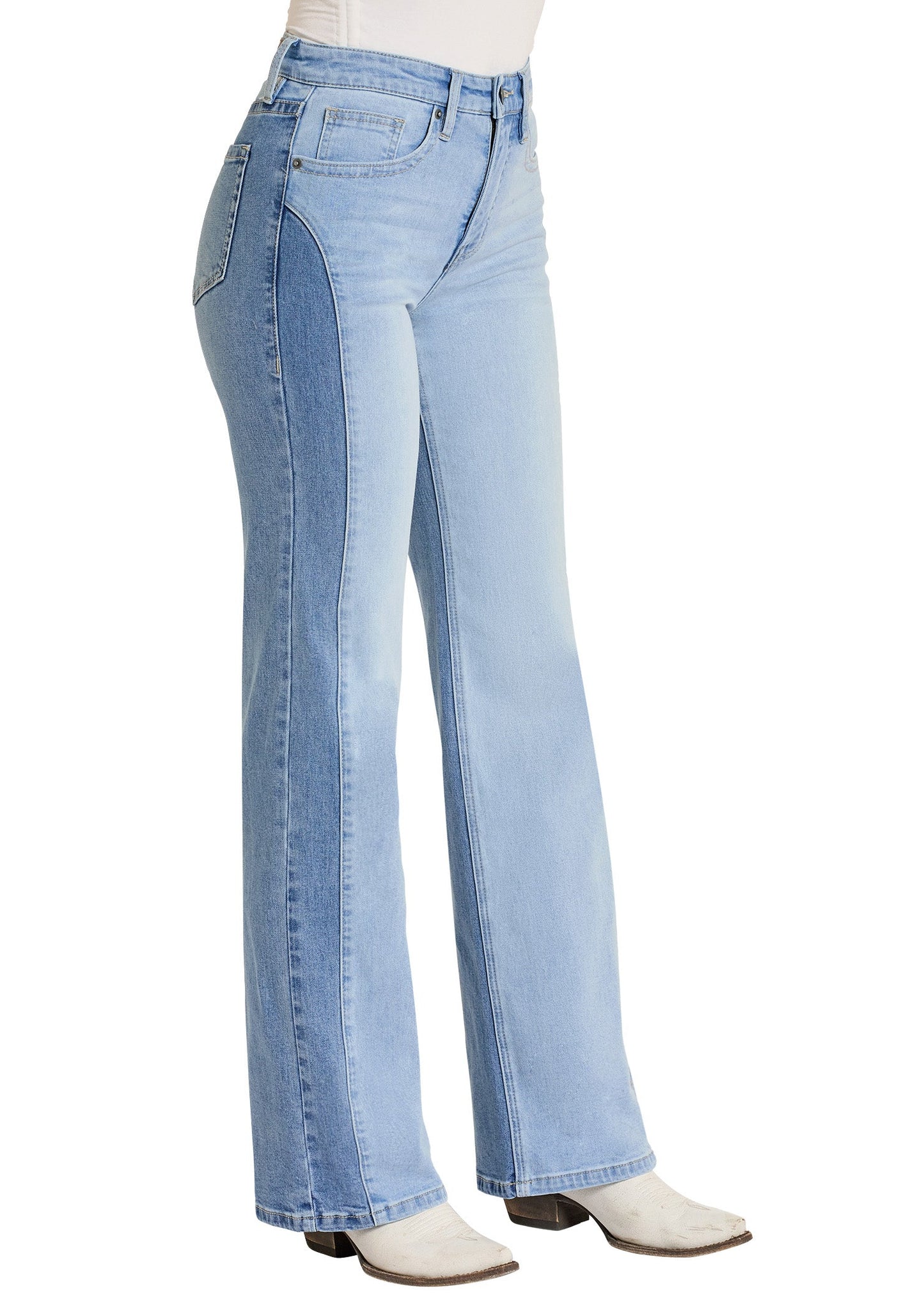 Light blue jeans worn by a person on a white background