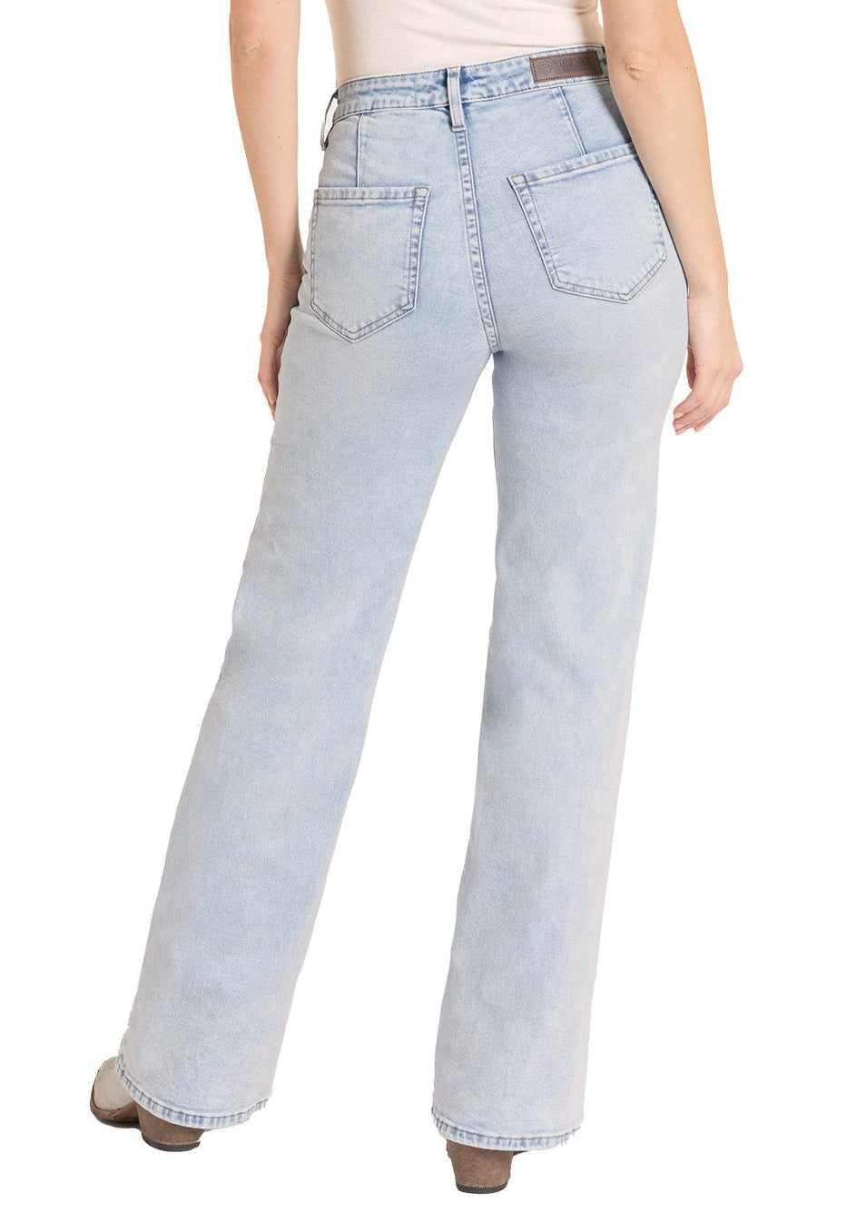 Person wearing light blue jeans and a white shirt with a straw hat on a white background