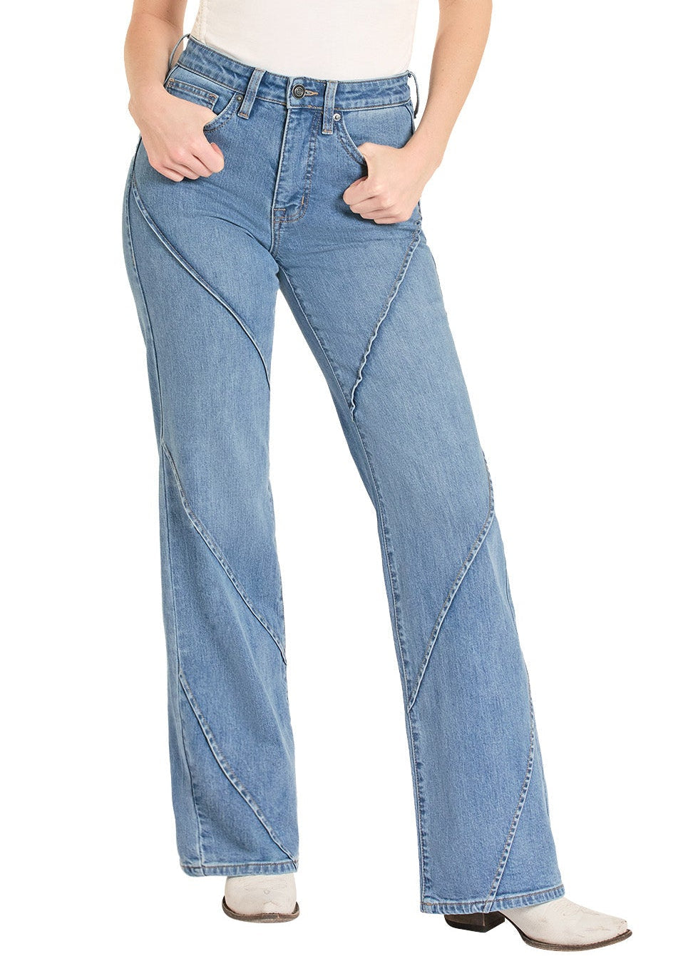 Woman wearing a white tank top, blue jeans, and a straw cowboy hat on a white background