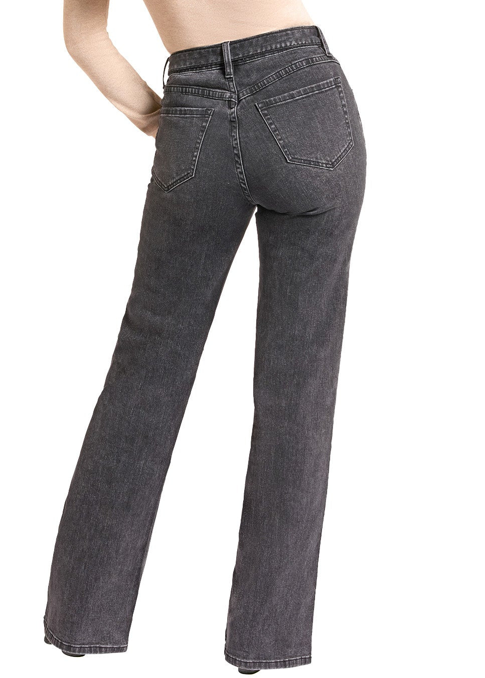 A woman shown from the back wearing dark gray flare jeans, a beige ribbed top, and a black cowboy hat against a plain white background.