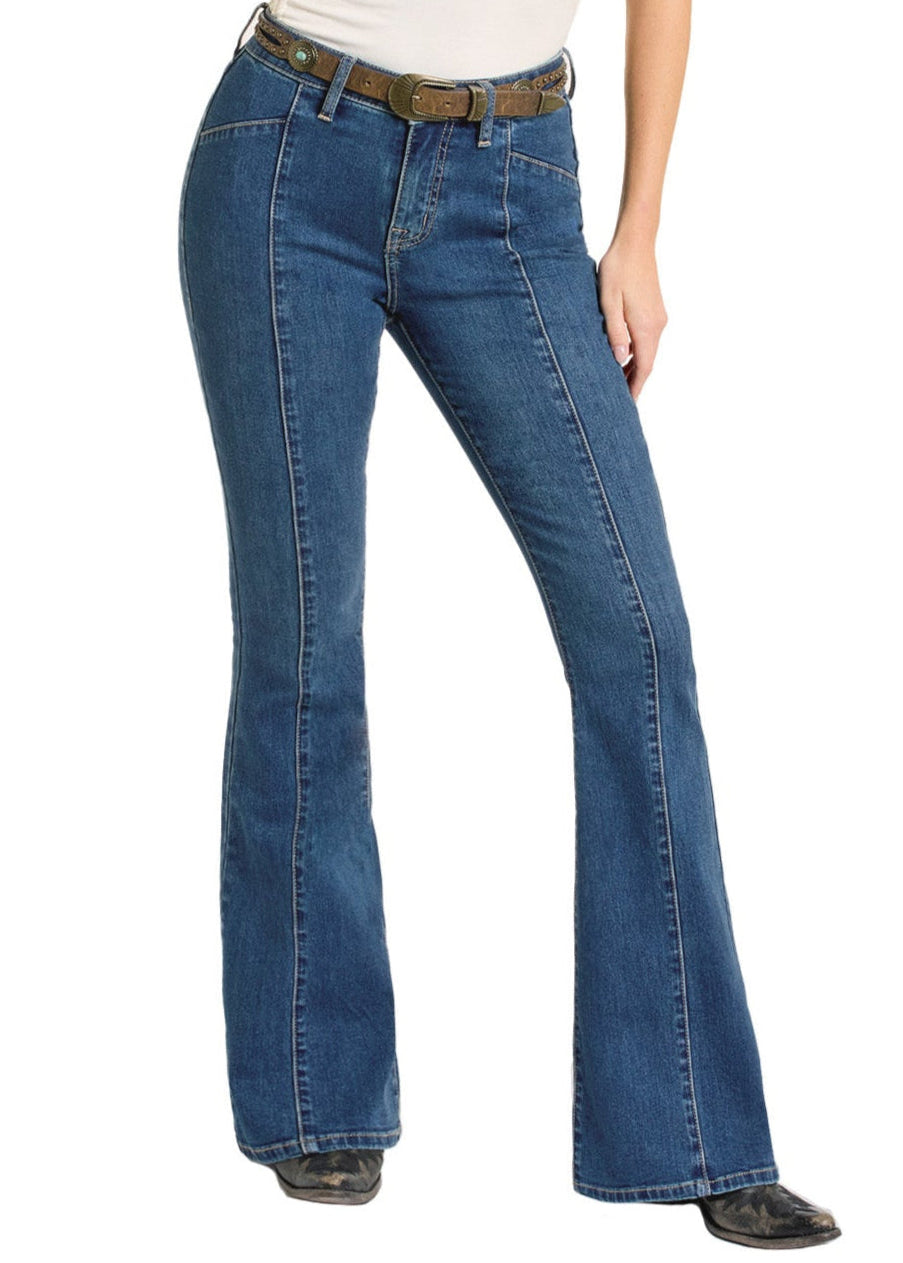 Women's High Rise Center Seam Flare Jeans Rock Roll Denim