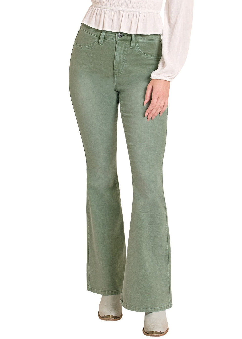 Woman wearing a white blouse, green pants, and a beige cowboy hat on a white background