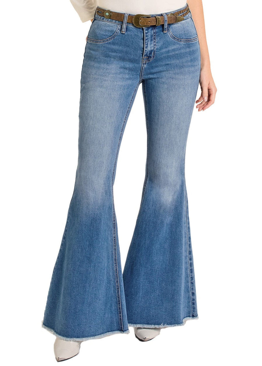 Women's Medium Wash High Rise Bell Bottoms Rock Roll Denim