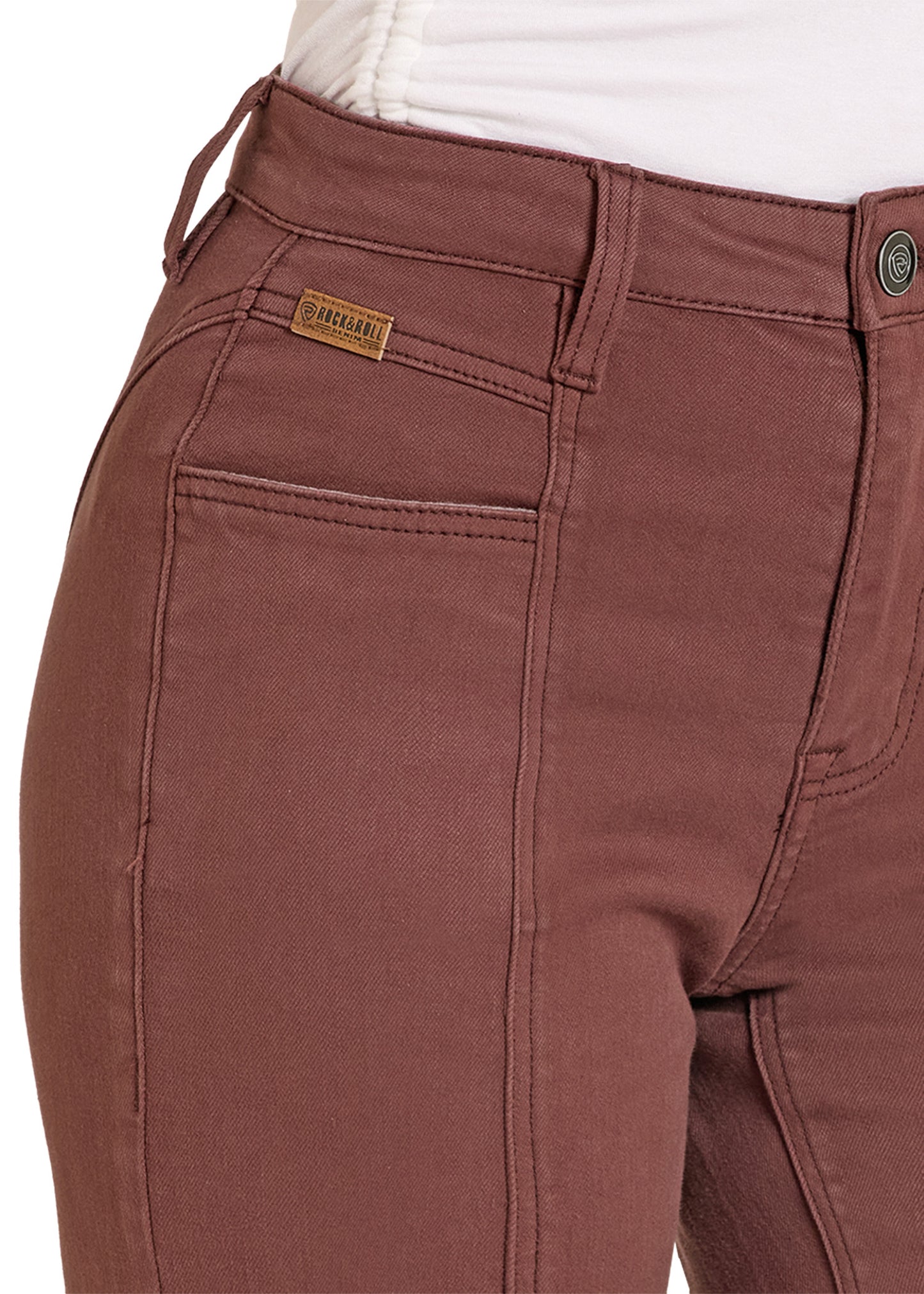 Brown pants with a brand label on a white background