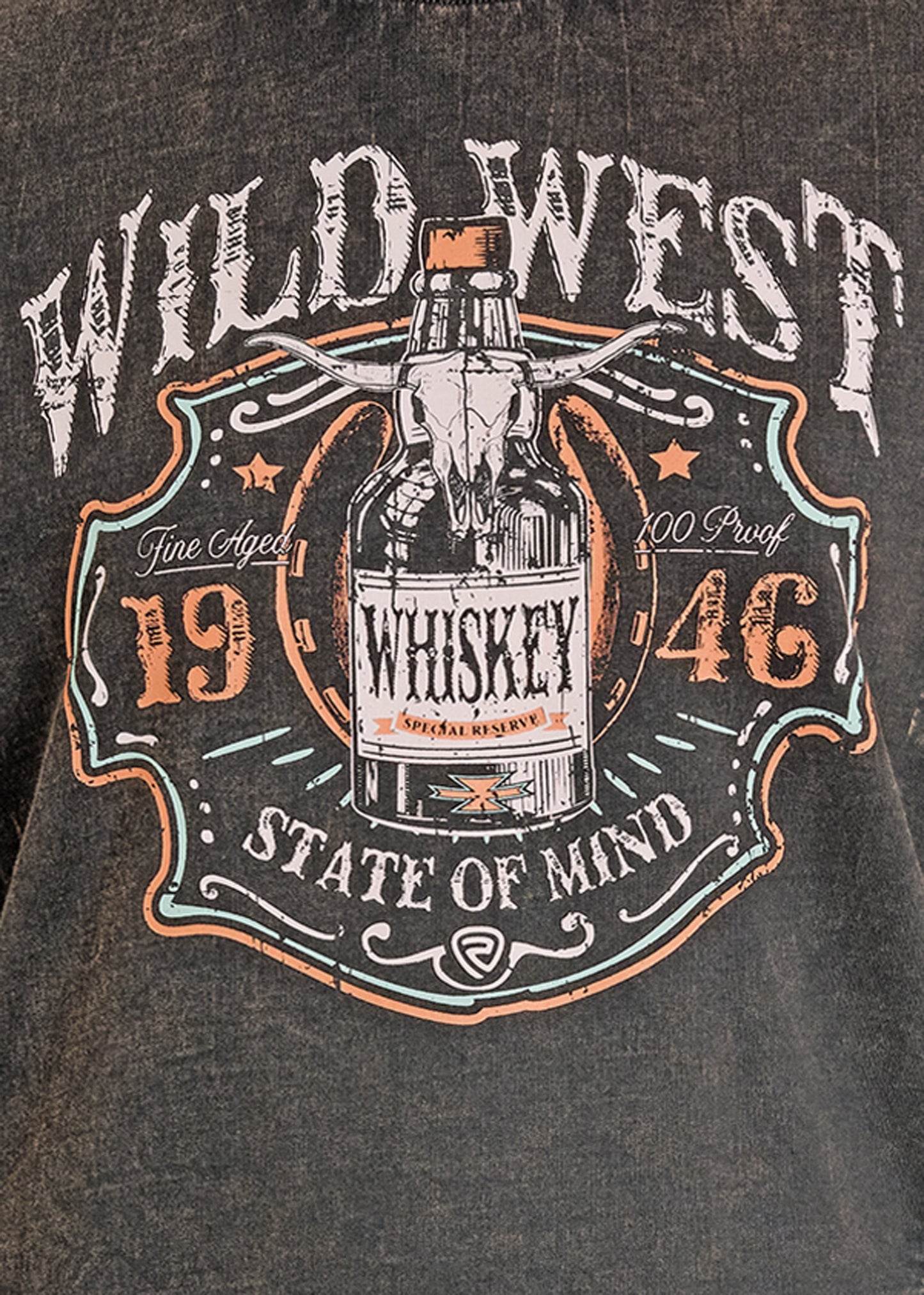 Dark gray t-shirt with 'Wild West Whiskey' graphic design featuring a bottle and skull.