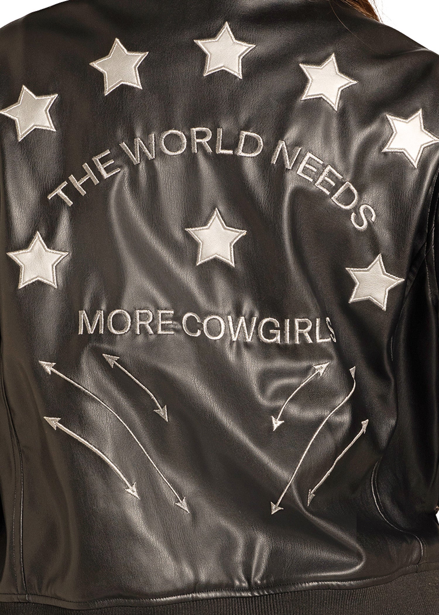 Black leather jacket with star designs and text on the back