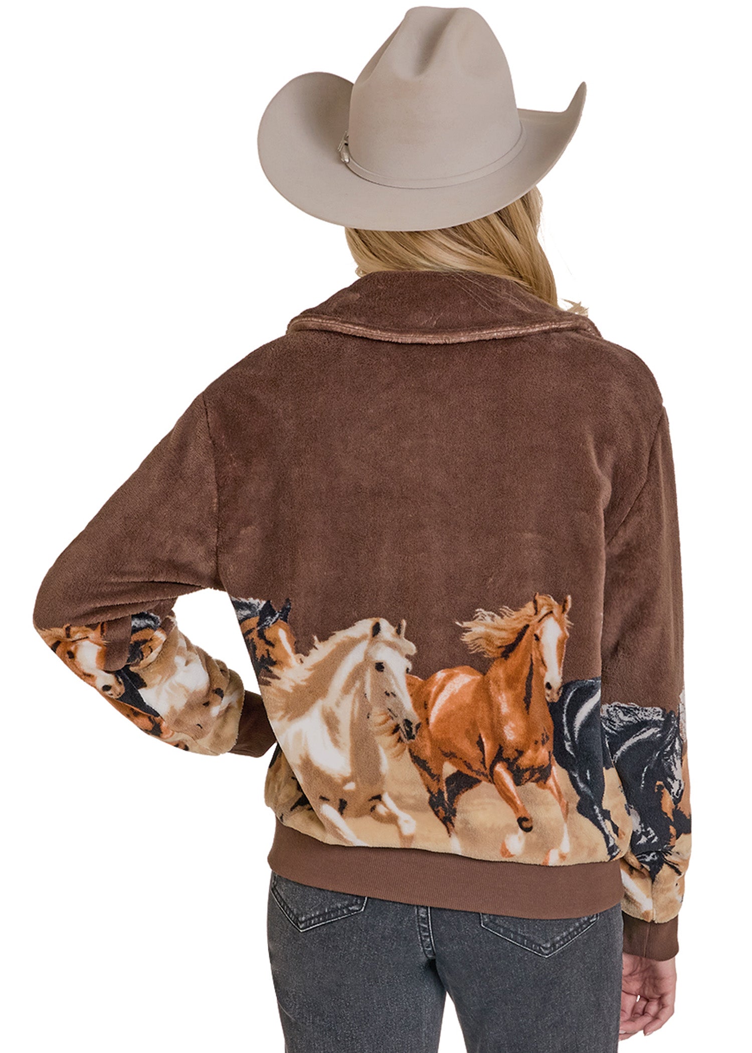 Women's West Desperado Horse Print Border Plush Bomber Jacket
