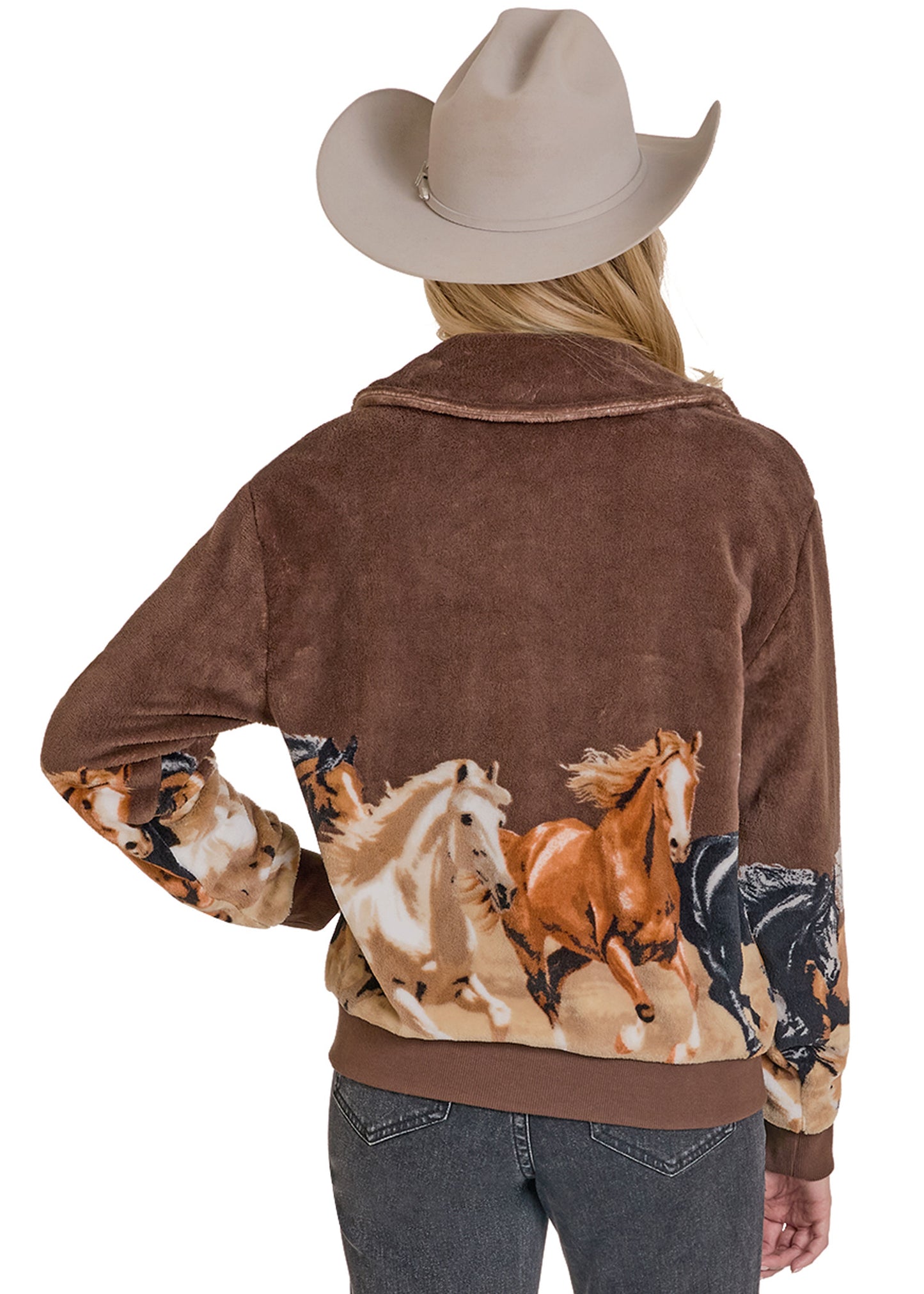 Brown jacket with horse print and cowboy hat on a white background