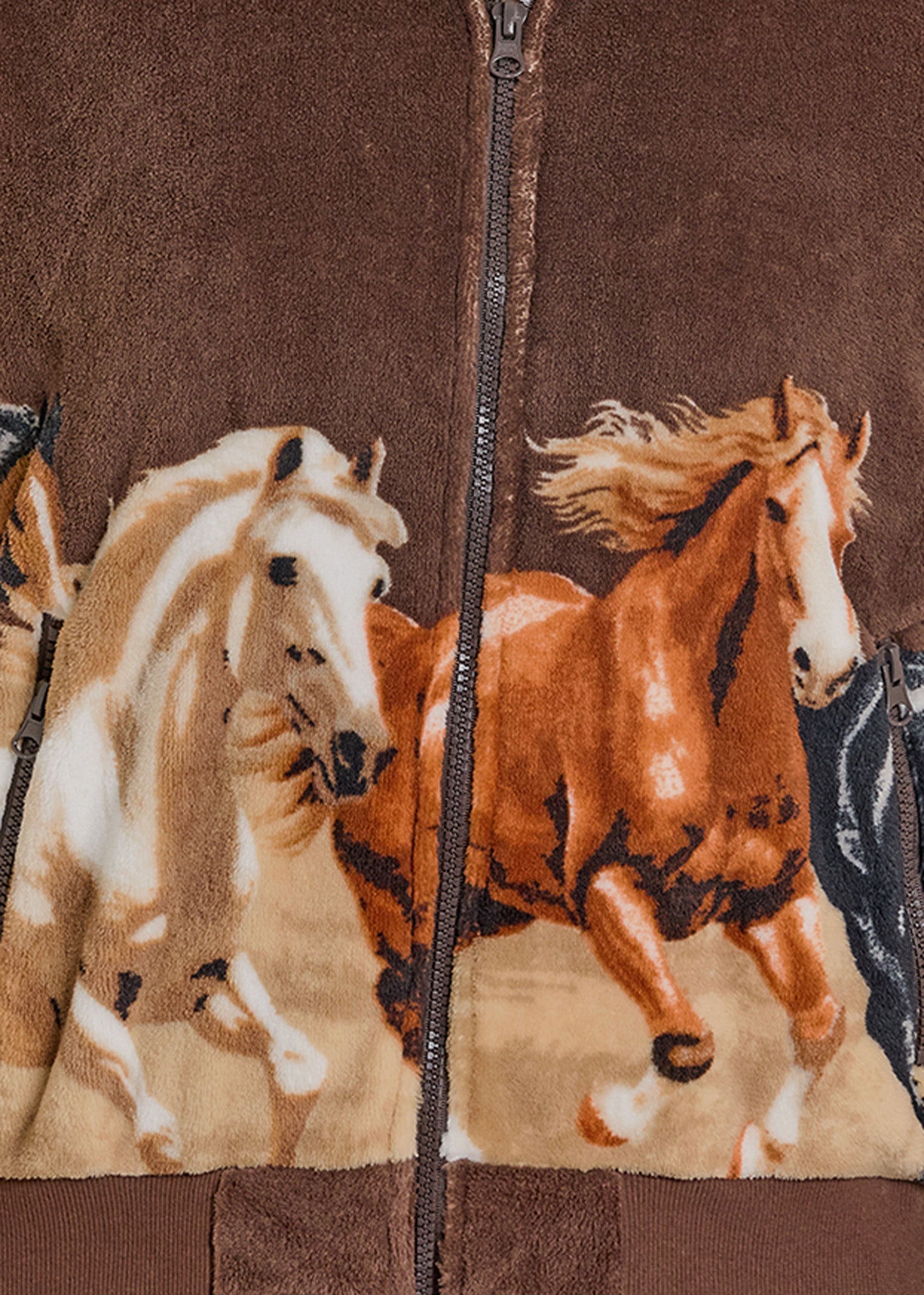 Brown fleece jacket with horse pattern and zipper