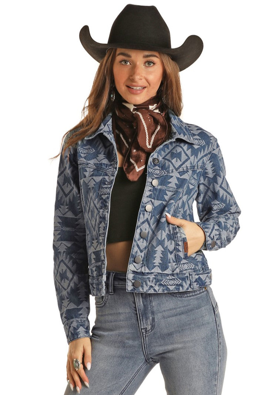 Jacquard Aztec Print Denim Jacket