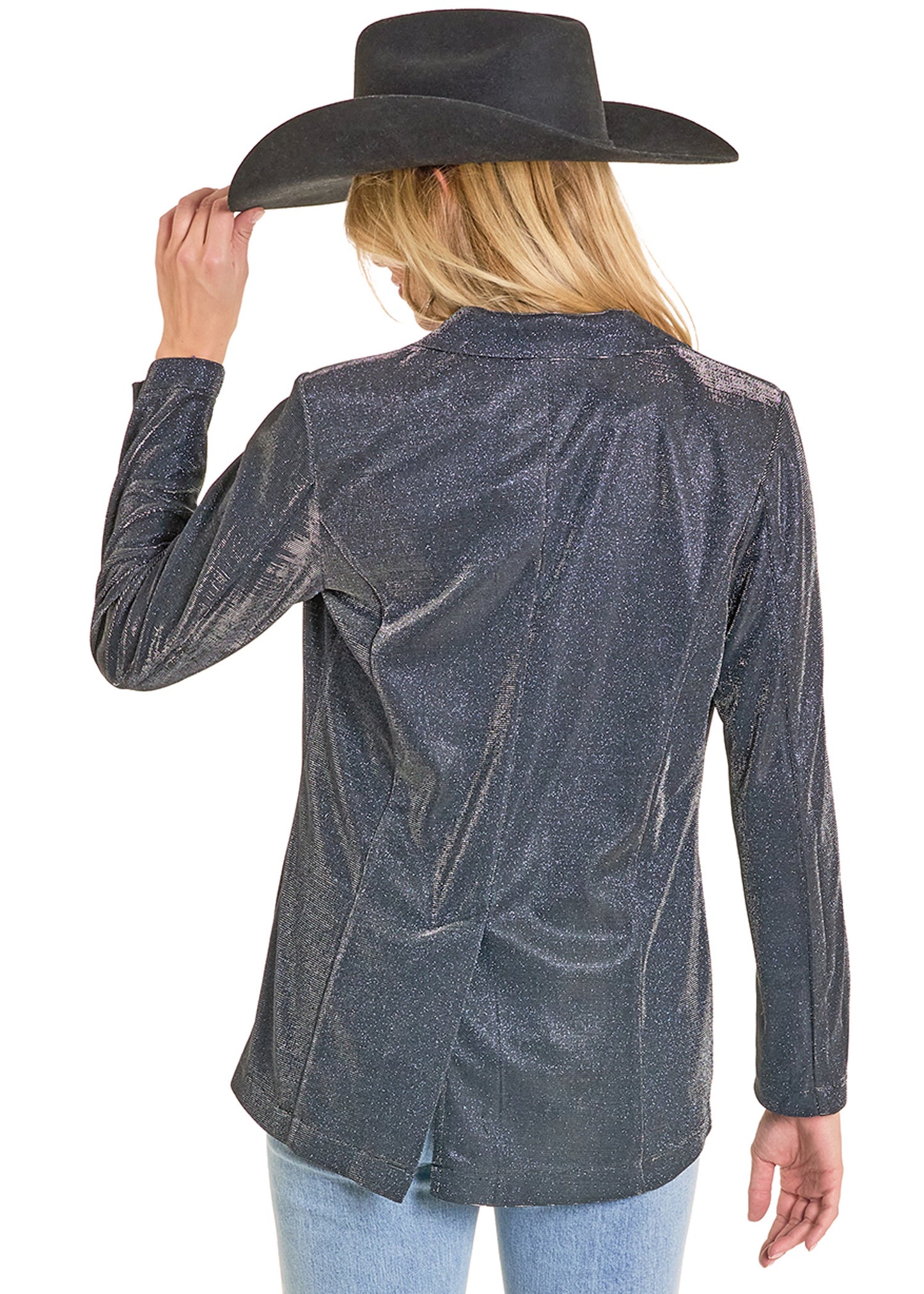 Person wearing a dark gray metallic jacket and a wide-brimmed hat on a white background