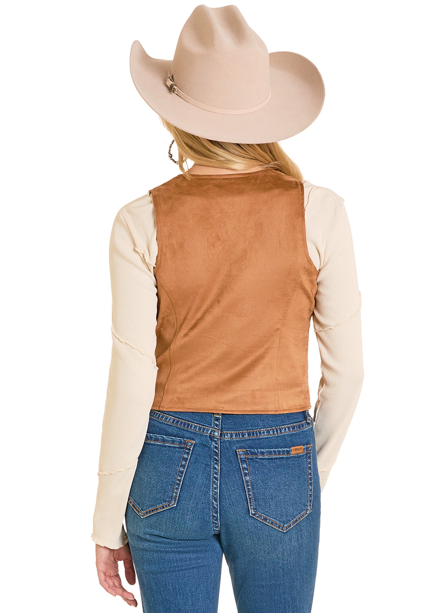 Person wearing a tan vest, beige long-sleeve shirt, blue jeans, and a beige cowboy hat on a white background