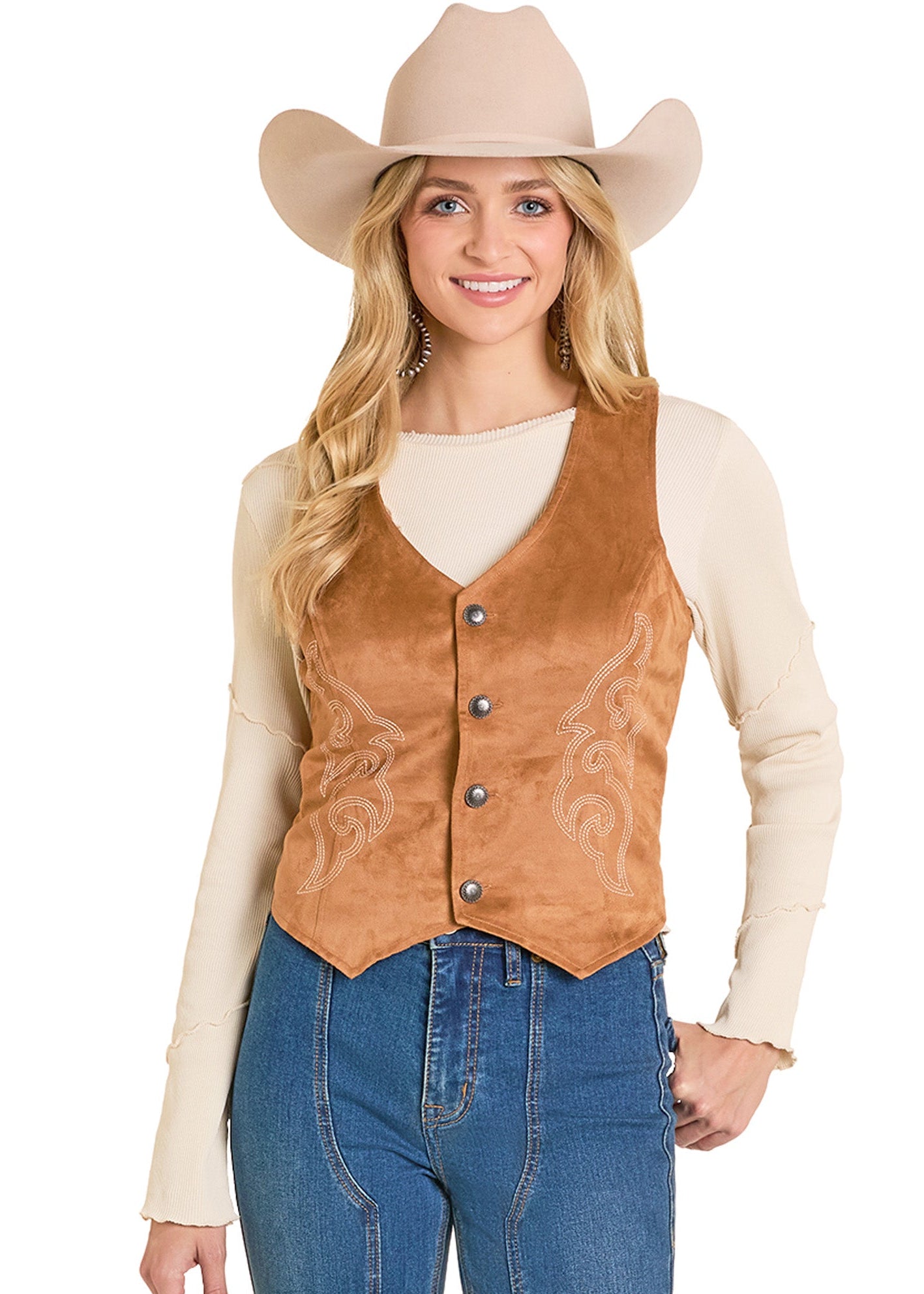 Woman wearing a brown suede vest, white long-sleeve shirt, blue jeans, and beige cowboy hat on a white background