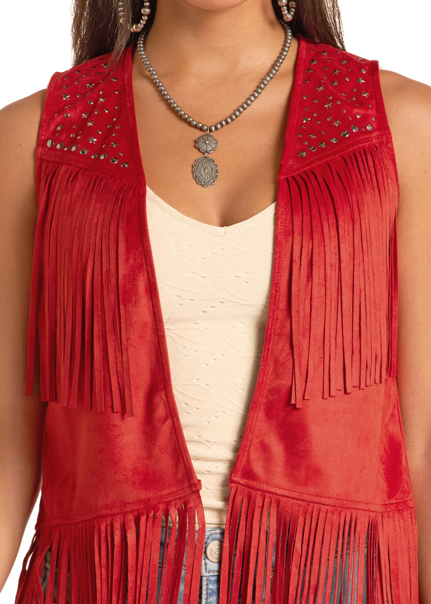 Red fringed vest worn by a person, with a focus on the upper body.