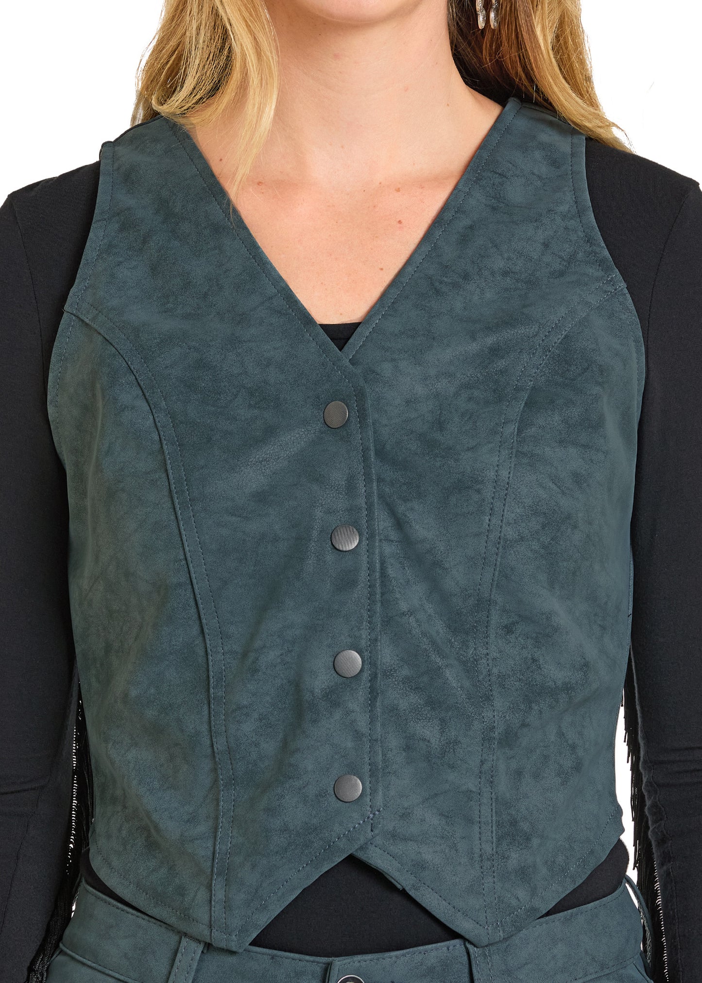 Teal suede vest with buttons worn by a person on a plain background