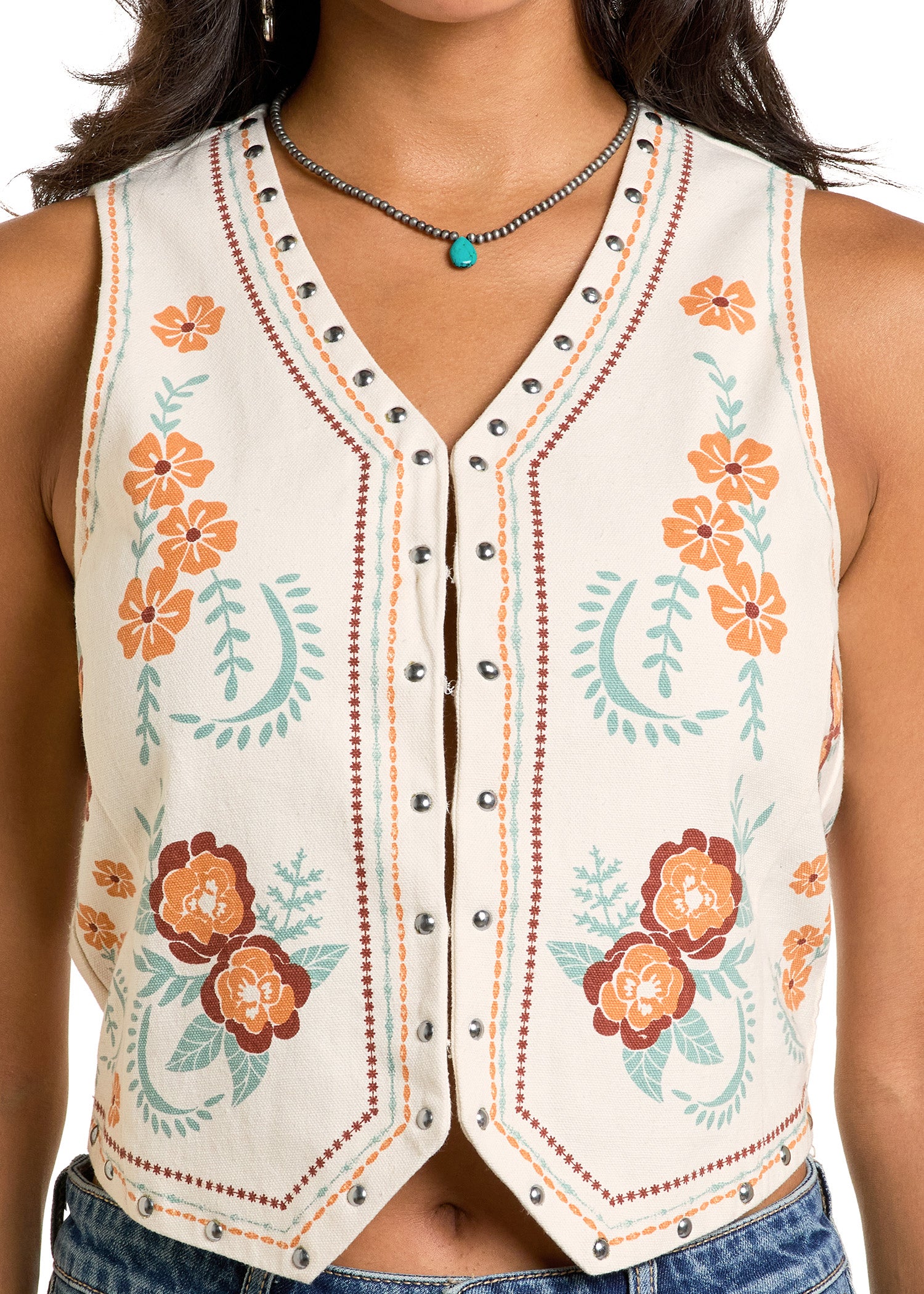 Sterling & Stitch Metallic Floral Jacquard Fringe Vest