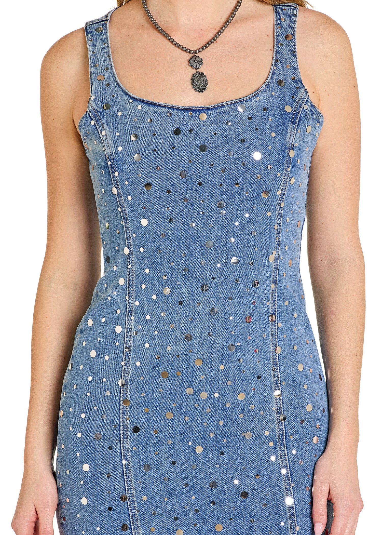 Blue denim dress with sequin embellishments on a white background