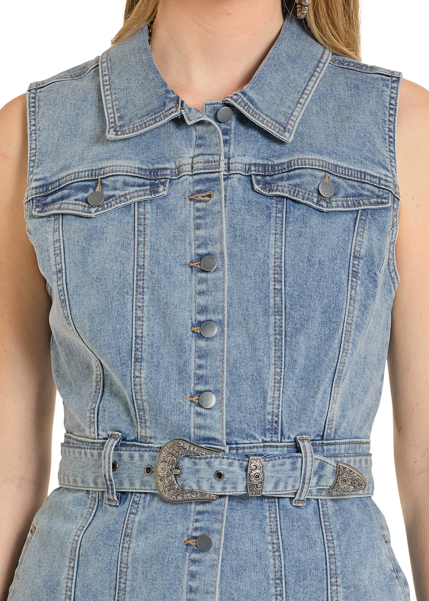 Denim dress with a belt on a white background