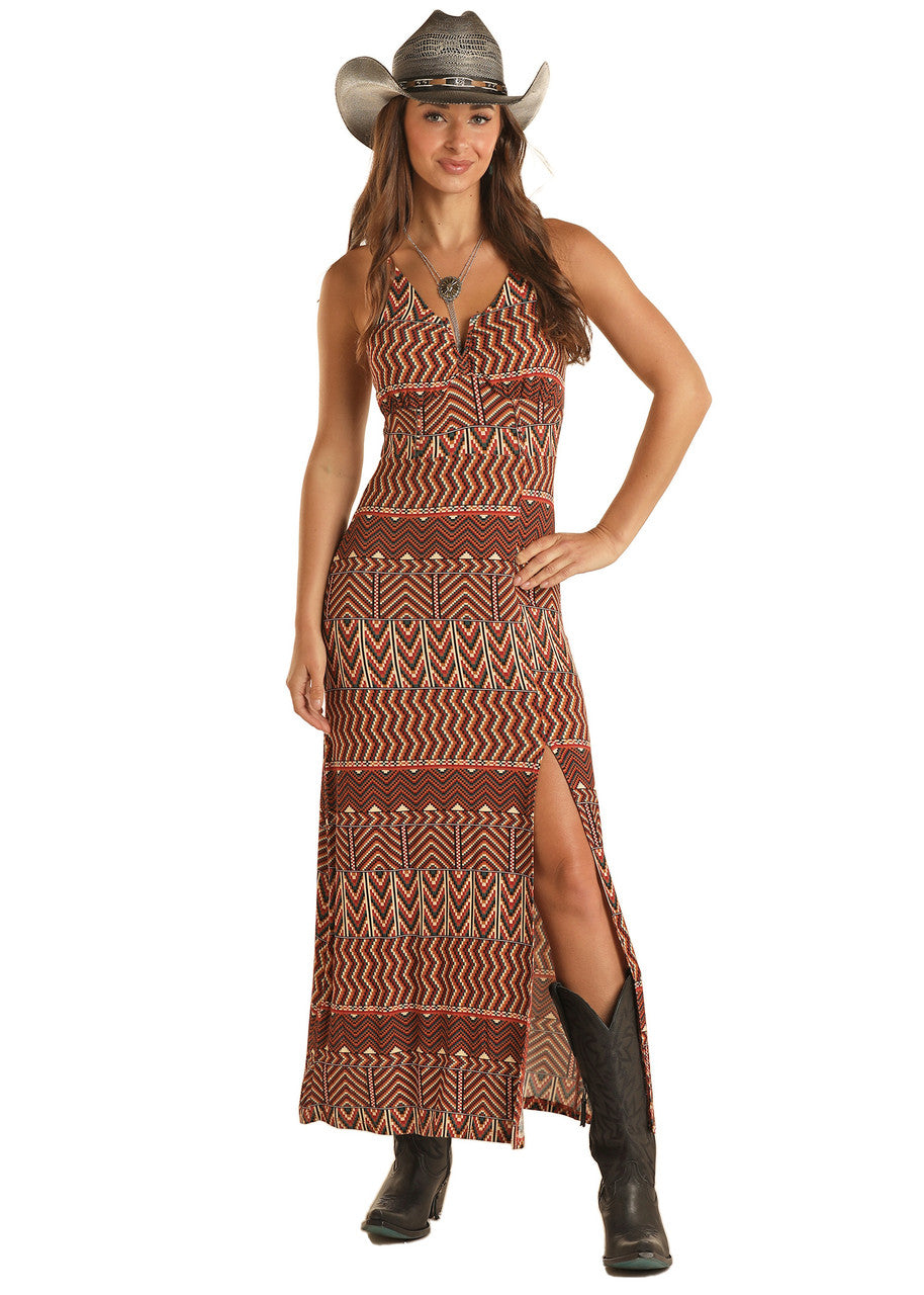 Geo Print Maxi Dress with Leg Slit