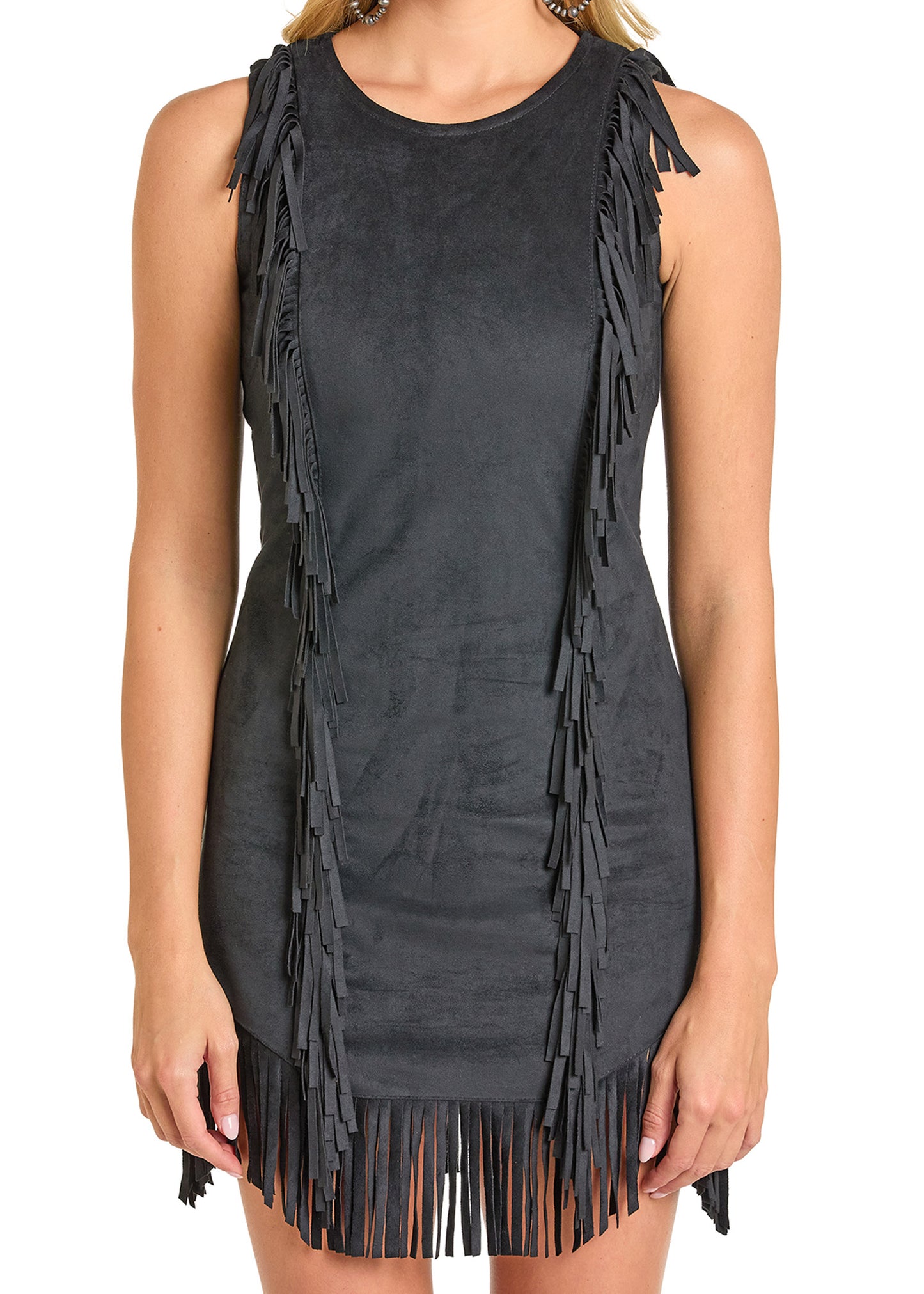 Black fringe dress on a white background