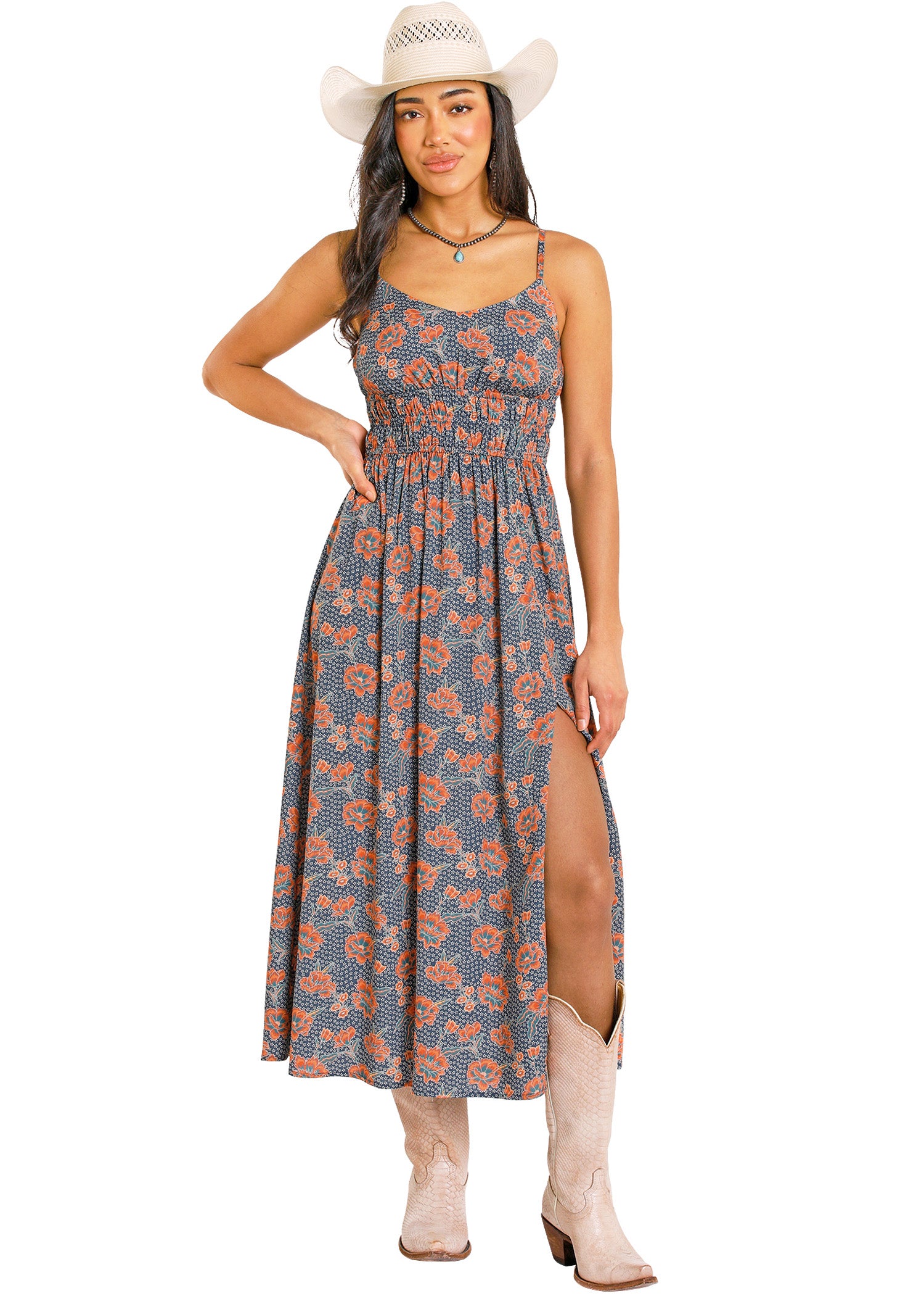 Women's Blue Floral Print Midi Dress Women's Blue Floral Print Midi Dress
