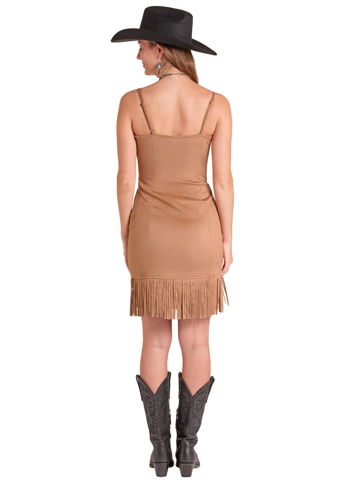 A woman shown from the back wearing a tan fringed spaghetti-strap dress, a black cowboy hat, and black cowboy boots against a plain white background.
