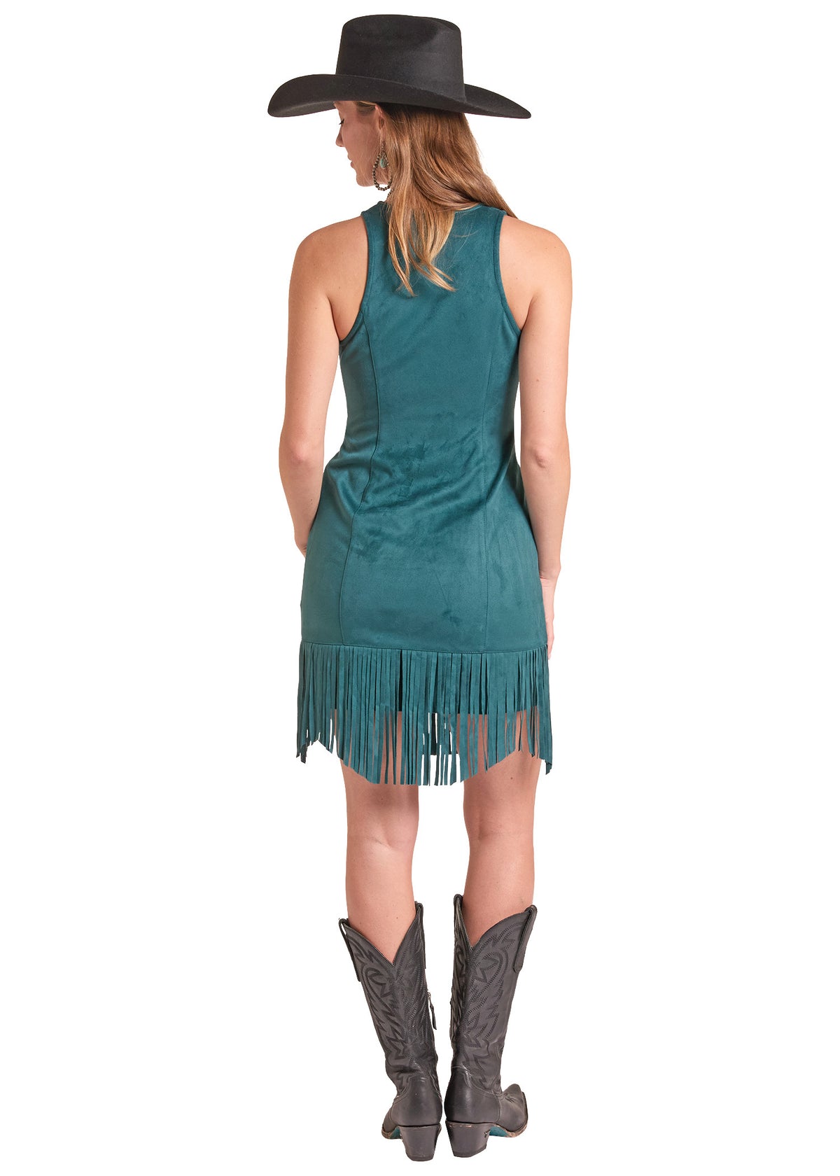 A woman shown from the back wearing a sleeveless teal fringe dress, a black cowboy hat, and dark cowboy boots.