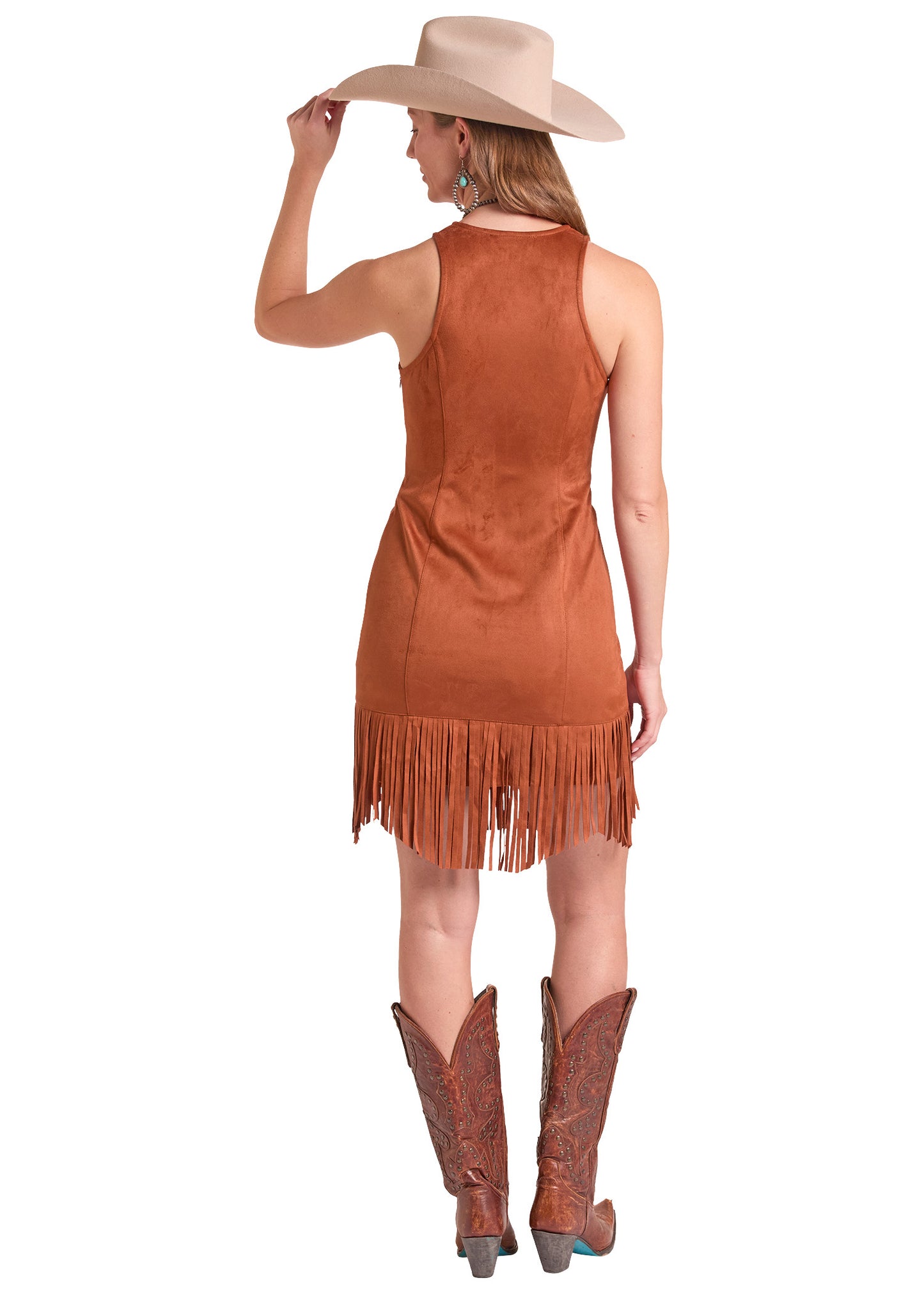 A woman shown from the back wearing a sleeveless rust-brown fringe dress, a beige cowboy hat, and brown cowboy boots against a plain white background.