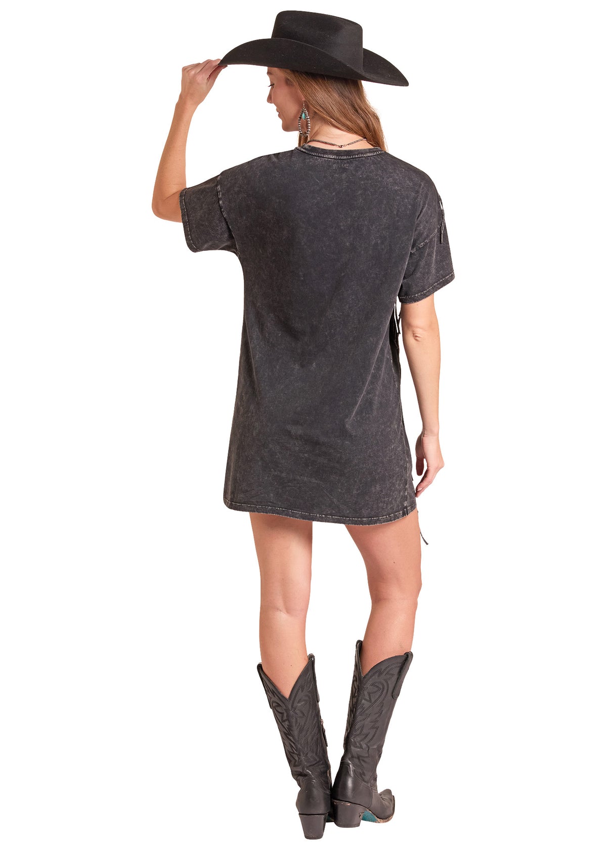 A woman shown from the back wearing a washed charcoal gray short-sleeve t-shirt dress, a black cowboy hat, and black cowboy boots, set against a plain white background.